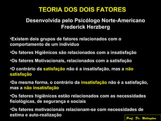 TEORIA DOS DOIS FATORES
Desenvolvida pelo Psicólogo Norte-Americano
Frederick Herzberg
•Existem dois grupos de fatores relacionados com o
comportamento de um indivíduo
•Os fatores Higiênicos são relacionados com a insatisfação
•Os fatores Motivacionais, relacionados com a satisfação
•O contrário da satisfação não é a insatisfação, mas a não
satisfação
•Da mesma forma, o contrário da insatisfação não é a satisfação,
mas a não insatisfação
•Os fatores higiênicos estão relacionados com as necessidades
fisiológicas, de segurança e sociais
•Os fatores motivacionais relacionam-se com necessidades de
estima e auto-realização
Prof. Dr. Welington
 