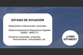 ¿CÓMO
ESTAMOS?
ESTADO DE SITUACIÓN
●Repositorios institucionales nacionales
●Sistema Nacional de Repositorios Digitales
(SNRD - MINCYT)
●Iniciativas nacionales, proyectos,
financiamiento, comunidades, etc.
 