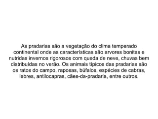 As pradarias são a vegetação do clima temperado continental onde as características são arvores bonitas e nutridas invernos rigorosos com queda de neve, chuvas bem distribuídas no verão. Os animais típicos das pradarias são os ratos do campo, raposas, búfalos, espécies de cabras, lebres, antilocapras, cães-da-pradaria, entre outros. 