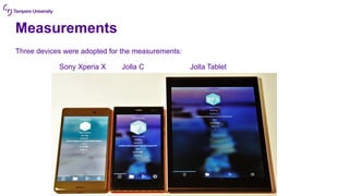 Measurements
Three devices were adopted for the measurements:
Sony Xperia X Jolla C Jolla Tablet
 
