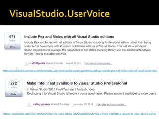 https://visualstudio.uservoice.com/forums/121579-visual-studio-2015/suggestions/6773265-make-intellitest-available-to-visual-studio-profes
https://visualstudio.uservoice.com/forums/121579-visual-studio-2015/suggestions/2216195-include-pex-and-moles-with-all-visual-studio-editi
 