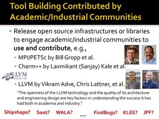  Release open source infrastructures or libraries
to engage academic/industrial communities to
use and contribute, e.g.,
▪ MPI/PETSc by Bill Gropp et al.
▪ Charm++ by Laxmikant (Sanjay) Kale et al.
▪ LLVM byVikram Adve, Chris Lattner, et al.
“The openness of the LLVM technology and the quality of its architecture
and engineering design are key factors in understanding the success it has
had both in academia and industry.”
KLEE? JPF?FindBugs?Shipshape? Soot? WALA? …
 