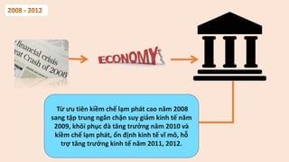Từ ưu tiên kiềm chế lạm phát cao năm 2008
sang tập trung ngăn chặn suy giảm kinh tế năm
2009, khôi phục đà tăng trưởng năm 2010 và
kiềm chế lạm phát, ổn định kinh tế vĩ mô, hỗ
trợ tăng trưởng kinh tế năm 2011, 2012.
 