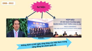 Sự kiện
Thống đốc Ngân hàng Nhà
nước Việt Nam được bầu
giữ chức Chủ tịch Hội đồng
Thống đốc IMF/WB nhiệm
kỳ 2008-2009
Việt Nam tổ chức thành
công Hội nghị thường niên
lần thứ 44 Ngân hàng phát
triển châu Á
Hội nghị Thống
đốc NHTW
ASEAN…
 
