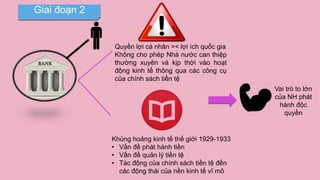 Quyền lợi cá nhân >< lợi ích quốc gia
Không cho phép Nhà nước can thiệp
thường xuyên và kịp thời vào hoạt
động kinh tế thông qua các công cụ
của chính sách tiền tệ
Khủng hoảng kinh tế thế giới 1929-1933
• Vấn đề phát hành tiền
• Vấn đề quản lý tiền tệ
• Tác động của chính sách tiền tệ đến
các động thái của nền kinh tế vĩ mô
Vai trò to lớn
của NH phát
hành độc
quyền
Giai đoạn 2
 
