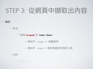 STEP 3:
•
•
• scrapely “train / learn”
• scrapy =>
• scapy =>
•
•
 