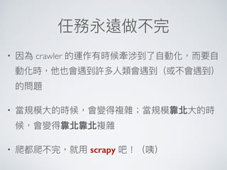 • crawler
•
• scrapy
 