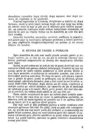 deosebirea ramurilor după vârstă, după aşezare, deci după pu­
terea de vegetaţie şi de producţie.
Făcând experienţe în Crimeea, Serghienco a stabilit că, după
formare, merii şi perii tineri trebue tăiaţi cât mai lung sau deloc,
că recolte mari la măr şi păr pot fi obţinute prin rărirea ţepuşe
lor, că ramurile roditoare slabe trebue îndepărtate sistematic, că
tăierile în anii cu recoltă trebue să fie deosebitei de cele din anii
fără recoltă.
Datorită lucrărilor savanţilor sovietici, verificate în practică,
noi putem păşi la rezolvarea spinoasei probleme a tăierii pomilor,
pe care regimurile burghezo-moşiereşti nu puteau şi nu aveau
interes s'o rezolve.
II. NEVOIA DE TAIERE A P O M I L O R
Spre deosebire de cele mai multe plante anuale, pomii şl arbuştii roditori, ca şi viţa de vie, nu pot fi cultivaţi raţional fără
tăiere, pemtrucă neajunsurile ce decurg din neaplicarea tăierilor
sunt mari.
Astfel, se pot vedea inii şi zeci d e mii de pomi desbinaţi sau cu
ramurile frânte sub povara rodului îmbelşugat. Fructele la care nu
ajung razele de soare r ă m â n necolorate şi fără aromă. Bolile şi
mai toate kisecteile se cuibăresc în coroanele pomilor, mai ales atunci când acestea sunt dese. Pe timp dei iarnă, sub povara zăpezii
sau a gheţei de polei, pomii se prăbuşesc s a u se desbină, provo­
când uneori adevărate dezastre, cum a fost cazul la noi în iarna anului 1938/1939. Piersicul, după câţiva ani de viaţă, vegetează şi
rodeşte numai pe vârful coroanei, iar ramurile de jos se desbracă
de verdeaţă şi ipar a fi uscate. Merii, perii, prunii, dar mai ales caişii şi piersicii, nu rodesc decât odată la doi sau trei ani.
Toate aceste neajunsuri de care au suferit mult livezile noas­
tre în trecut, dar care n'au ce căuta în pomicultura socialistă, se
datoresc întâi de toate faptului că pomilor nu ii se aplicau nîciun
fel de tăieri, ori li se aplicau tăieri greşite.
Dar mai sunt şi alte probleme pentru a căror rezolvare este
necesară aplicarea tăierilor. De pildă, când un pom este transplan­
tat, îşi pierde cea mai m a r e parte din rădăcini şi în consecinţă nu
poate hrăni coroana, dacă nu sunt tăiate o parte din ramuri. 6 co­
roană v ă t ă m a t ă prin diferite accidente se poate reface numai prin
tăieri. La pomii bătrâni, coroana se poate reîntineri deasemenea
numai prin tăieri.
5

 