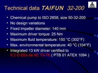 Technical data TAIFUN 32-200
• Chemical pump to ISO 2858, size 50-32-200
• No design variations
• Fixed impeller diameter: 140 mm
• Maximum driver torque: 25 Nm
• Maximum fluid temperature: 150 °C (302°F)
• Max. environmental temperature: 40 °C (104°F)
• Integrated 13 kW driver certified to
II 2 G EEx de IIC T3-T6 ( PTB 01 ATEX 1094 )
 