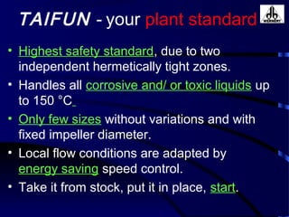 TAIFUN - your plant standard
• Highest safety standard, due to two
independent hermetically tight zones.
• Handles all corrosive and/ or toxic liquids up
to 150 °C
• Only few sizes without variations and with
fixed impeller diameter.
• Local flow conditions are adapted by
energy saving speed control.
• Take it from stock, put it in place, start.
 