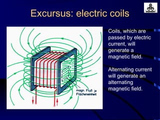 Excursus: electric coils
Coils, which are
passed by electric
current, will
generate a
magnetic field.
Alternating current
will generate an
alternating
magnetic field.
 