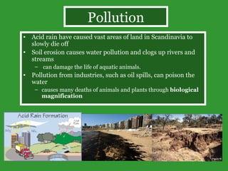 Pollution Acid rain have caused vast areas of land in Scandinavia to slowly die off Soil erosion causes water pollution and clogs up rivers and streams can damage the life of aquatic animals. Pollution from industries, such as oil spills, can poison the water  causes many deaths of animals and plants through  biological magnification 
