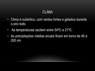 CLIMA
• Clima é subártico, com ventos fortes e gelados durante
o ano todo.
• As temperaturas oscilam entre 54ºC e 21ºC.
• As precipitações médias anuais ficam em torno de 40 a
200 cm
 