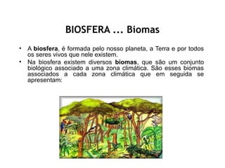 BIOSFERA ... Biomas
•   A biosfera, é formada pelo nosso planeta, a Terra e por todos
    os seres vivos que nele existem.
•   Na biosfera existem diversos biomas, que são um conjunto
    biológico associado a uma zona climática. São esses biomas
    associados a cada zona climática que em seguida se
    apresentam:
 