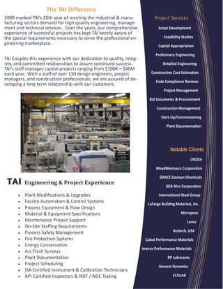The TAI Difference 
2009 marked TAI’s 20th year of meeting the industrial & manu‐                   Project Services
facturing sectors demand for high quality engineering, manage‐
ment and technical services.  Over the years, our comprehensive                     Scope Development 
experience of successful projects has kept TAI keenly aware of 
the special requirements necessary to serve the professional en‐                          Feasibility Studies 
gineering marketplace.                                                              Capital Appropriation 
 
                                                                                                Preliminary Engineering 
TAI Couples this experience with our dedication to quality, integ‐
rity, and committed relationships to assure continued success.                           Detailed Engineering 
TAI’s staff manages capital projects ranging from $100K—$40M 
each year.  With a staff of over 130 design engineers, project                Construction Cost Estimation 
managers, and construction professionals, we are assured of de‐                 Code Compliance Reviews 
veloping a long term relationship with our customers. 
                                                                                                         Project Management 

                                                                                         Bid Documents & Procurement 

                                                                                                 Construction Management 

                                                                                                      Start‐Up/Commissioning 

                                                                                                            Plant Documentation 




                                                                                                        Notable Clients 
                                                                                                                                     CRODA 

                                                                                                 MeadWestvaco Corporation 

                                                                                                     GRACE Davison Chemicals 
               Engineering & Project Experience 
                                                                                                            GEA Niro Corporation 
         
            Plant Modifications & Upgrades                                                        International Steel Group 
            Facility Automation & Control Systems                                     LaFarge Building Materials, Inc. 
            Process Equipment & Flow Design
            Material & Equipment Specifications                                                                            Micropore  
            Maintenance Project Support                                                                                           Larox 
            On‐Site Staffing Requirements
            Process Safety Management                                                                             Atotech, USA 
            Fire Protection Systems                                                Cabot Performance Materials 
            Energy Conservation
                                                                                 Imerys‐Performance Materials 
            Arc Flash Surveys
            Plant Documentation                                                                             BP Lubricants 
            Project Scheduling                                                                    General Dynamics  
            ISA Certified Instrument & Calibration Technicians
            API Certified Inspectors & NDT / NDE Testing                                                          ECOLAB 
 