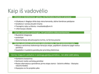 Kaip iš vadovėlio
•Užsakovas ir diegėjas dirbo kaip viena komanda, dažnai bendrose patalpose
•teisėkūra ir verslas įtraukti iš karto
•Tiesioginis ryšys su klientu- imasklaidos@vmi.lt
• informacijos sklaida
Žmonės ir bendravimas geriau, nei formalios tvarkos ir procesai
•Nuolatinė integracija
•prototipai
•dokumentacija aktualizuojama turinio, ne formos prasme
Geriau veikiančios paslaugos, nei perteklinis dokumentavimas
•Aktyvus vertinimas kiekvienoje iteracijos etape, papildomi užsakymai pagal realius
poreikius
•Savalaikis ir nuolatinis poreikių bei prioritetų tikslinimas
Geriau užsakovo įsitraukimas vykdymo metu, nei tik priėmimo metu
•Išankstinis testavimas
•Vertinami realūs vartotojų poreikiai
•Rastas alternatyvus sprendimas pirmo etapo startui - šalutinis efektas - ištaisytos
našumo klaidos
•Išspręstos ne šio projekto ydos
Geriau reaguoti į pokyčius ir paslaugų gavėjų poriekius , nei aklai sekti planą
 