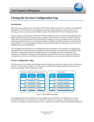 Tail-f Systems Whitepaper

Closing the Services Configuration Gap

Introduction
Delivering valued-added services, like MPLS VPNS, Metro Ethernet, and IP TV is critical to the profitability
and growth of service providers. In most operator networks, there are bottlenecks that get in the way of
activating services in a timely and cost effective manner. We call this the “Services Configuration Gap.”

Current systems use either legacy software or third party applications that are expensive and inflexible, often
requiring manual intervention, frequent software updates, and maintenance of layers of mediation software.
These systems are being strained by the increased rate of change as services are enhanced, new services are
introduced, and network devices are replaced and added. Both OSS and EMS developers are burdened with
these problems. For network equipment vendors, developing EMS applications, the focus is more on device
adaptations than service applications.

This whitepaper describes the Services Configuration Gap and proposes a new generation of configuration
management tools to deal with the fast changing environment faced by service providers and OSS and EMS
developers. The proposed approach leverages dynamic data modeling, automated configuration, and
mechanisms for transaction integrity. By automating the connection between service activation and device
configuration, the excess cost and delay associated with hardwired, service-specific software is eliminated.

Service Configuration Today

The steps involved in creating and activating a service include many processes, support systems, and network
devices. As shown below in Figure 1, the TM Forum’s eTOM Process Map divides the processes into two
major areas: strategy (left) and operations (right).




                                        Figure 1: The eTOM Process Map

The strategy product lifecycle addresses service introduction and retirement. The design of new services
includes how the service is represented in systems like customer care, assurance, and billing and requires
services to be modeled so that all systems can have a common view of their characteristics and decomposition.




                                              Tail-f Systems © 2010
                                                   Page 1 of 11
 