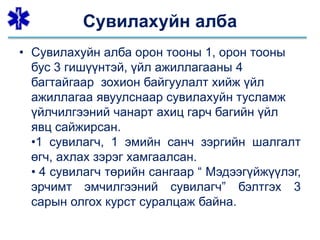 Сувилахуйн алба
• Сувилахуйн алба орон тооны 1, орон тооны
бус 3 гишүүнтэй, үйл ажиллагааны 4
багтайгаар зохион байгуулалт хийж үйл
ажиллагаа явуулснаар сувилахуйн тусламж
үйлчилгээний чанарт ахиц гарч багийн үйл
явц сайжирсан.
•1 сувилагч, 1 эмийн санч зэргийн шалгалт
өгч, ахлах зэрэг хамгаалсан.
• 4 сувилагч төрийн сангаар “ Мэдээгүйжүүлэг,
эрчимт эмчилгээний сувилагч” бэлтгэх 3
сарын олгох курст суралцаж байна.
 