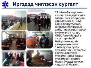 Иргэдэд чиглэсэн сургалт
21 аймгийн мэргэжил
сургалт үйлдвэрлэлийн
төвийн эмч, ус сувгийн
удирдах газар, НЭМГ
харъя байгууллагаа,
нийслэлийн тахарын
алба, нийслэлийн аялал
жуулчлалын газар ,
ОБЕГ, Aero Mongolia
зэрэг төрийн 57
байгууллагуудтай
хамтран ажиллаж
“ Амилуулах суурь
тусламж”-ийн сургалтыг
явуулснаар түргэн
тусламж иртэл анхны
тусламжийг өөртөө
болон бусдад үзүүлэх
чадвартай болсон.
 