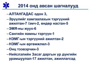 2014 онд авсан шагналууд
–АЛТАНГАДАС одон 3,
–Эрүүлийг хамгаалахын тэргүүний
ажилтан-7 /эмч-2, өндөр настан-5
–ЭМЯ-ны жуух-6
–Сангийн яамны тэргүүн-1
–НЭМГ-ын тэргүүний ажилтан-2
–НЭМГ-ын өргөмжлөл-3
–Онц тээвэрчин-3
–Нийслэлийн Засаг даргын үр дүнгийн
урамшуулал-17 ажилтан, ажиллагсад
 