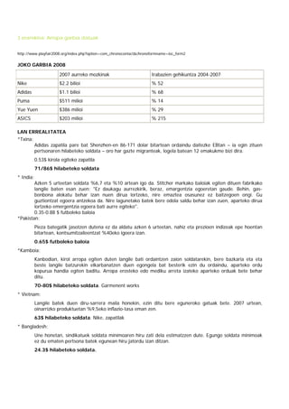 3 eranskina: Arropa garbia datuak


http://www.playfair2008.org/index.php?option=com_chronocontact&chronoformname=ioc_form2

JOKO GARBIA 2008
                       2007 aurreko mozkinak                         Irabazien gehikuntza 2004-2007
Nike                   $2.2 bilioi                                   % 52
Adidas                 $1.1 bilioi                                   % 68
Puma                   $511 milioi                                   % 14
Yue Yuen               $386 milioi                                   % 29
ASICS                  $203 milioi                                   % 215

LAN ERREALITATEA
*Txina:
           Adidas zapatila pare bat Shenzhen-en 86-171 dolar bitartean ordaindu daitezke EBtan – ia egin zituen
           pertsonaren hilabeteko soldata – oro har gazte migranteak, logela batean 12 emakukme bizi dira.
           0.53$ kirola egiteko zapatila
           71/86$ hilabeteko soldata
* India:
        Azken 5 urteetan soldata %6,7 eta %10 artean igo da. Stitcher markako baloiak egiten dituen fabrikako
        langile baten esan zuen: "Ez daukagu aurrezkirik, beraz, emargentzia egoeretan gaude. Behin, gas-
        bonbona alokatu behar izan nuen dirua lortzeko, nire emaztea osasunez ez baitzegoen ongi. Gu
        guztiontzat egoera antzekoa da. Nire lagunetako batek bere odola saldu behar izan zuen, aparteko dirua
        lortzeko emergentzia egoera bati aurre egiteko".
        0.35-0.88 $ futboleko baloia
*Pakistan:
           Pieza bategatik jasotzen dutena ez da aldatu azken 6 urteetan, nahiz eta prezioen indizeak epe hoentan
           bitartean, kontsumitzaileentzat %40eko igoera izan.
           0.65$ futboleko baloia
*Kamboia:
           Kanbodian, kirol arropa egiten duten langile bati ordaintzen zaion soldatarekin, bere bazkaria eta eta
           beste langile batzurekin elkarbanatzen duen egongela bat besterik ezin du ordaindu, aparteko ordu
           kopurua handia egiten baditu. Arropa erosteko edo mediku arreta izateko aparteko orduak bete behar
           ditu.
           70-80$ hilabeteko soldata. Garmenent works
* Vietnam:
           Langile batek duen diru-sarrera maila honekin, ezin ditu bere eguneroko gatuak bete. 2007 urtean,
           oinarrizko produktuetan %9,5eko inflazio-tasa eman zen.
           63$ hilabeteko soldata. Nike, zapatilak
* Bangladesh:
           Une honetan, sindikatuek soldata minimoaren hiru zati dela estimatzzen dute. Egungo soldata minimoak
           ez du ematen pertsona batek egunean hiru jatordu izan ditzan.
           24.3$ hilabeteko soldata.
 