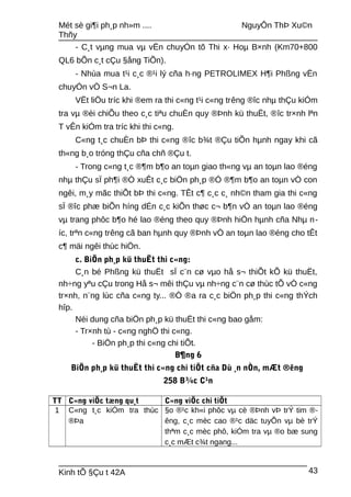 Mét sè gi¶i ph¸p nh»m .... NguyÔn ThÞ Xu©n
Thñy
- C¸t vµng mua vµ vËn chuyÓn tõ Thi x· Hoµ B×nh (Km70+800
QL6 bÕn c¸t cÇu §ång TiÕn).
- Nhùa mua t¹i c¸c ®¹i lý cña h·ng PETROLIMEX H¶i Phßng vËn
chuyÓn vÒ S¬n La.
VËt liÖu tríc khi ®em ra thi c«ng t¹i c«ng trêng ®îc nhµ thÇu kiÓm
tra vµ ®èi chiÕu theo c¸c tiªu chuÈn quy ®Þnh kü thuËt, ®îc tr×nh lªn
T vÊn kiÓm tra tríc khi thi c«ng.
C«ng t¸c chuÈn bÞ thi c«ng ®îc b¾t ®Çu tiÕn hµnh ngay khi cã
th«ng b¸o tróng thÇu cña chñ ®Çu t.
- Trong c«ng t¸c ®¶m b¶o an toµn giao th«ng vµ an toµn lao ®éng
nhµ thÇu sÏ ph¶i ®Ò xuÊt c¸c biÖn ph¸p ®Ó ®¶m b¶o an toµn vÒ con
ngêi, m¸y mãc thiÕt bÞ thi c«ng. TÊt c¶ c¸c c¸ nh©n tham gia thi c«ng
sÏ ®îc phæ biÕn híng dÉn c¸c kiÕn thøc c¬ b¶n vÒ an toµn lao ®éng
vµ trang phôc b¶o hé lao ®éng theo quy ®Þnh hiÖn hµnh cña Nhµ n-
íc, trªn c«ng trêng cã ban hµnh quy ®Þnh vÒ an toµn lao ®éng cho tÊt
c¶ mäi ngêi thùc hiÖn.
c. BiÖn ph¸p kü thuËt thi c«ng:
C¸n bé Phßng kü thuËt sÏ c¨n cø vµo hå s¬ thiÕt kÕ kü thuËt,
nh÷ng yªu cÇu trong Hå s¬ mêi thÇu vµ nh÷ng c¨n cø thùc tÕ vÒ c«ng
tr×nh, n¨ng lùc cña c«ng ty... ®Ó ®a ra c¸c biÖn ph¸p thi c«ng thÝch
hîp.
Néi dung cña biÖn ph¸p kü thuËt thi c«ng bao gåm:
- Tr×nh tù - c«ng nghÖ thi c«ng.
- BiÖn ph¸p thi c«ng chi tiÕt.
B¶ng 6
BiÖn ph¸p kü thuËt thi c«ng chi tiÕt cña Dù ¸n nÒn, mÆt ®êng
258 B¾c C¹n
TT C«ng viÖc tæng qu¸t C«ng viÖc chi tiÕt
1 C«ng t¸c kiÓm tra thùc
®Þa
§o ®¹c kh«i phôc vµ cè ®Þnh vÞ trÝ tim ®-
êng, c¸c mèc cao ®¹c däc tuyÕn vµ bè trÝ
thªm c¸c mèc phô, kiÓm tra vµ ®o bæ sung
c¸c mÆt c¾t ngang...
Kinh tÕ §Çu t 42A 43
 