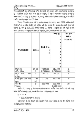 Mét sè gi¶i ph¸p nh»m .... NguyÔn ThÞ Xu©n
Thñy
Trong tÊt c¶ c¸c gi¶i ph¸p trªn, th× gi¶i ph¸p vay vèn cña Tæng c«ng ty
lµ cã tÝnh thiÕt thùc h¬n c¶. C«ng ty sÏ tr¶ l·i vay cho Tæng c«ng ty
theo tû lÖ l·i vay lµ 3,8%/n¨m, cïng víi nã lµ tr¶ vèn theo gi¸ trÞ trÝch
khÊu hao hµng n¨m. Cô thÓ:
Theo tÝnh to¸n vµ dù b¸o cña c«ng ty, trong n¨m 2004, nÕu ph¶i
®i thuª m¸y mãc thiÕt bÞ phôc vô thi c«ng th× c«ng ty ph¶i thuª víi
tæng gi¸ trÞ lµ 529,582 triÖu ®ång vµ trong t¬ng lai gi¸ trÞ nµy sÏ lín
h¬n. Do ®ã, c«ng ty cÇn mua ngay c¸c m¸y mãc thiÕt bÞ sau:
Tªn thiÕt bÞ Sè lîng
Gi¸/1 ®¬n
v
Þ
Tæng gi¸
t
r
Þ
(
n
g
h
×
n
®
)
Thêi gian
khÊu
hao(n¨m)
Dµn d¸o 28 bé 7.800/bé 218.400 6
CÈu thÐp 1 1.700.000 1.700.000 10
M¸y c¾t, uèn
thÐp
1 30.000 30.000 5
Cèp pha v¸n Ðp
sµn
1100
m2
327/m2
359.700 6
¤t« t¶i 1 285.000 285.000 10
Tæng 2.593.100
HiÖn t¹i, c«ng ty ®ang sö dông møc khÊu hao ®Òu, víi sè m¸y
mãc thiÕt bÞ nµy, gi¸ trÞ khÊu hao t¬ng øng nh sau:
G = + +
= 300.850 (ngh×n ®ång)
NÕu vay b»ng toµn bé nguån vèn cña Tæng c«ng ty, hµng n¨m
c«ng ty ph¶i tr¶ l·i lµ:
Kinh tÕ §Çu t 42A 78
 