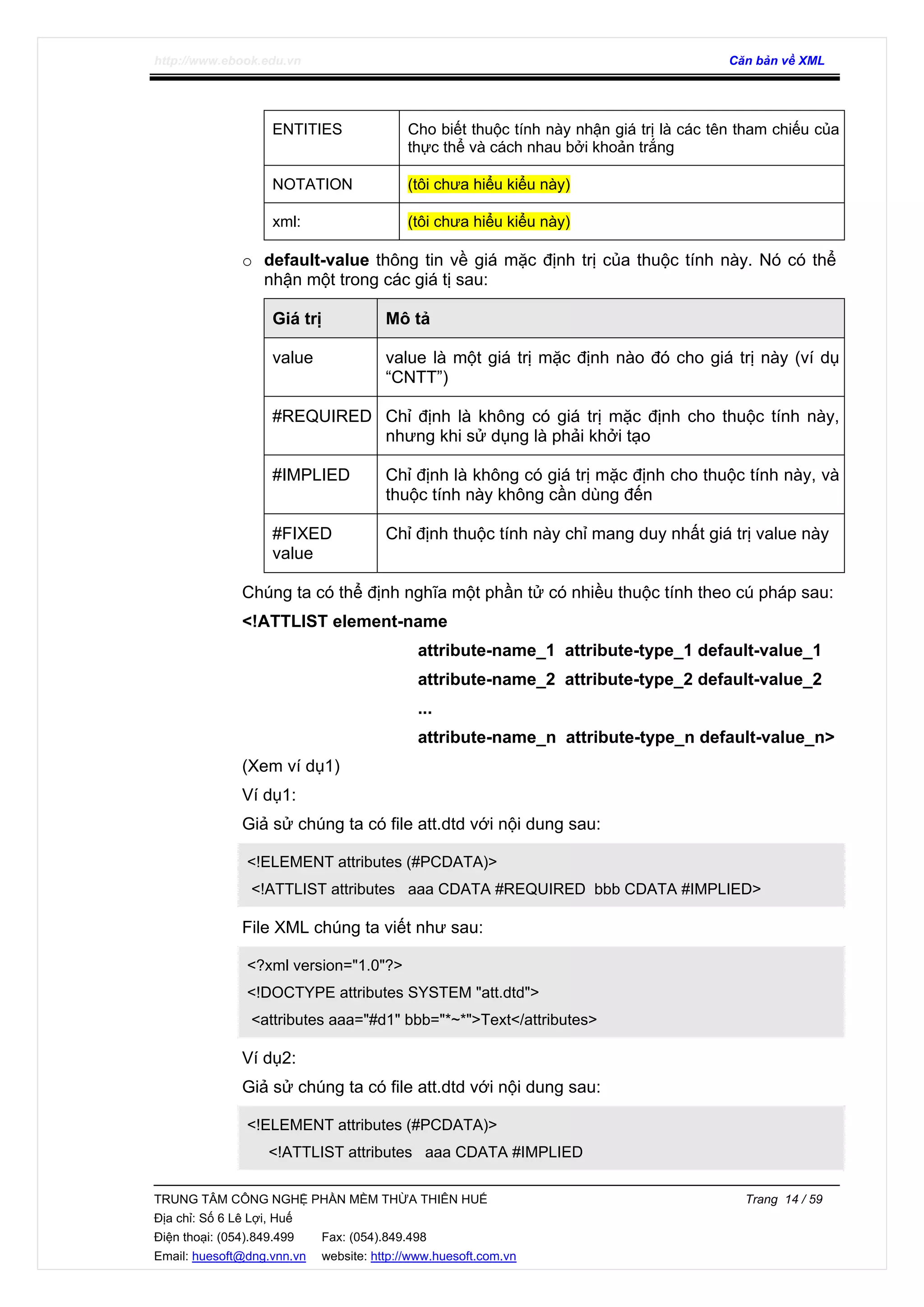 http://www.ebook.edu.vn Căn bản về XML
TRUNG TÂM CÔNG NGHỆ PHẦN MỀM THỪA THIÊN HUẾ Trang 14 / 59
Địa chỉ: Số 6 Lê Lợi, Huế
Điện thoại: (054).849.499 Fax: (054).849.498
Email: huesoft@dng.vnn.vn website: http://www.huesoft.com.vn
ENTITIES Cho biết thuộc tính này nhận giá trị là các tên tham chiếu của
thực thể và cách nhau bởi khoản trắng
NOTATION (tôi chưa hiểu kiểu này)
xml: (tôi chưa hiểu kiểu này)
o default-value thông tin về giá mặc định trị của thuộc tính này. Nó có thể
nhận một trong các giá tị sau:
Giá trị Mô tả
value value là một giá trị mặc định nào đó cho giá trị này (ví dụ
“CNTT”)
#REQUIRED Chỉ định là không có giá trị mặc định cho thuộc tính này,
nhưng khi sử dụng là phải khởi tạo
#IMPLIED Chỉ định là không có giá trị mặc định cho thuộc tính này, và
thuộc tính này không cần dùng đến
#FIXED
value
Chỉ định thuộc tính này chỉ mang duy nhất giá trị value này
Chúng ta có thể định nghĩa một phần tử có nhiều thuộc tính theo cú pháp sau:
<!ATTLIST element-name
attribute-name_1 attribute-type_1 default-value_1
attribute-name_2 attribute-type_2 default-value_2
...
attribute-name_n attribute-type_n default-value_n>
(Xem ví dụ1)
Ví dụ1:
Giả sử chúng ta có file att.dtd với nội dung sau:
<!ELEMENT attributes (#PCDATA)>
<!ATTLIST attributes aaa CDATA #REQUIRED bbb CDATA #IMPLIED>
File XML chúng ta viết như sau:
<?xml version="1.0"?>
<!DOCTYPE attributes SYSTEM "att.dtd">
<attributes aaa="#d1" bbb="*~*">Text</attributes>
Ví dụ2:
Giả sử chúng ta có file att.dtd với nội dung sau:
<!ELEMENT attributes (#PCDATA)>
<!ATTLIST attributes aaa CDATA #IMPLIED
 