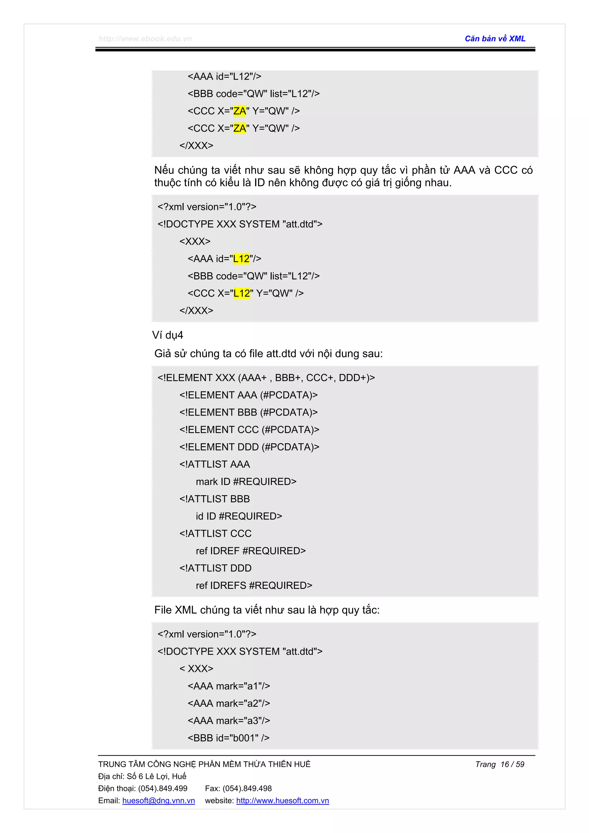 http://www.ebook.edu.vn Căn bản về XML
TRUNG TÂM CÔNG NGHỆ PHẦN MỀM THỪA THIÊN HUẾ Trang 16 / 59
Địa chỉ: Số 6 Lê Lợi, Huế
Điện thoại: (054).849.499 Fax: (054).849.498
Email: huesoft@dng.vnn.vn website: http://www.huesoft.com.vn
<AAA id="L12"/>
<BBB code="QW" list="L12"/>
<CCC X="ZA" Y="QW" />
<CCC X="ZA" Y="QW" />
</XXX>
Nếu chúng ta viết như sau sẽ không hợp quy tắc vì phần tử AAA và CCC có
thuộc tính có kiểu là ID nên không được có giá trị giống nhau.
<?xml version="1.0"?>
<!DOCTYPE XXX SYSTEM "att.dtd">
<XXX>
<AAA id="L12"/>
<BBB code="QW" list="L12"/>
<CCC X="L12" Y="QW" />
</XXX>
Ví dụ4
Giả sử chúng ta có file att.dtd với nội dung sau:
<!ELEMENT XXX (AAA+ , BBB+, CCC+, DDD+)>
<!ELEMENT AAA (#PCDATA)>
<!ELEMENT BBB (#PCDATA)>
<!ELEMENT CCC (#PCDATA)>
<!ELEMENT DDD (#PCDATA)>
<!ATTLIST AAA
mark ID #REQUIRED>
<!ATTLIST BBB
id ID #REQUIRED>
<!ATTLIST CCC
ref IDREF #REQUIRED>
<!ATTLIST DDD
ref IDREFS #REQUIRED>
File XML chúng ta viết như sau là hợp quy tắc:
<?xml version="1.0"?>
<!DOCTYPE XXX SYSTEM "att.dtd">
< XXX>
<AAA mark="a1"/>
<AAA mark="a2"/>
<AAA mark="a3"/>
<BBB id="b001" />
 