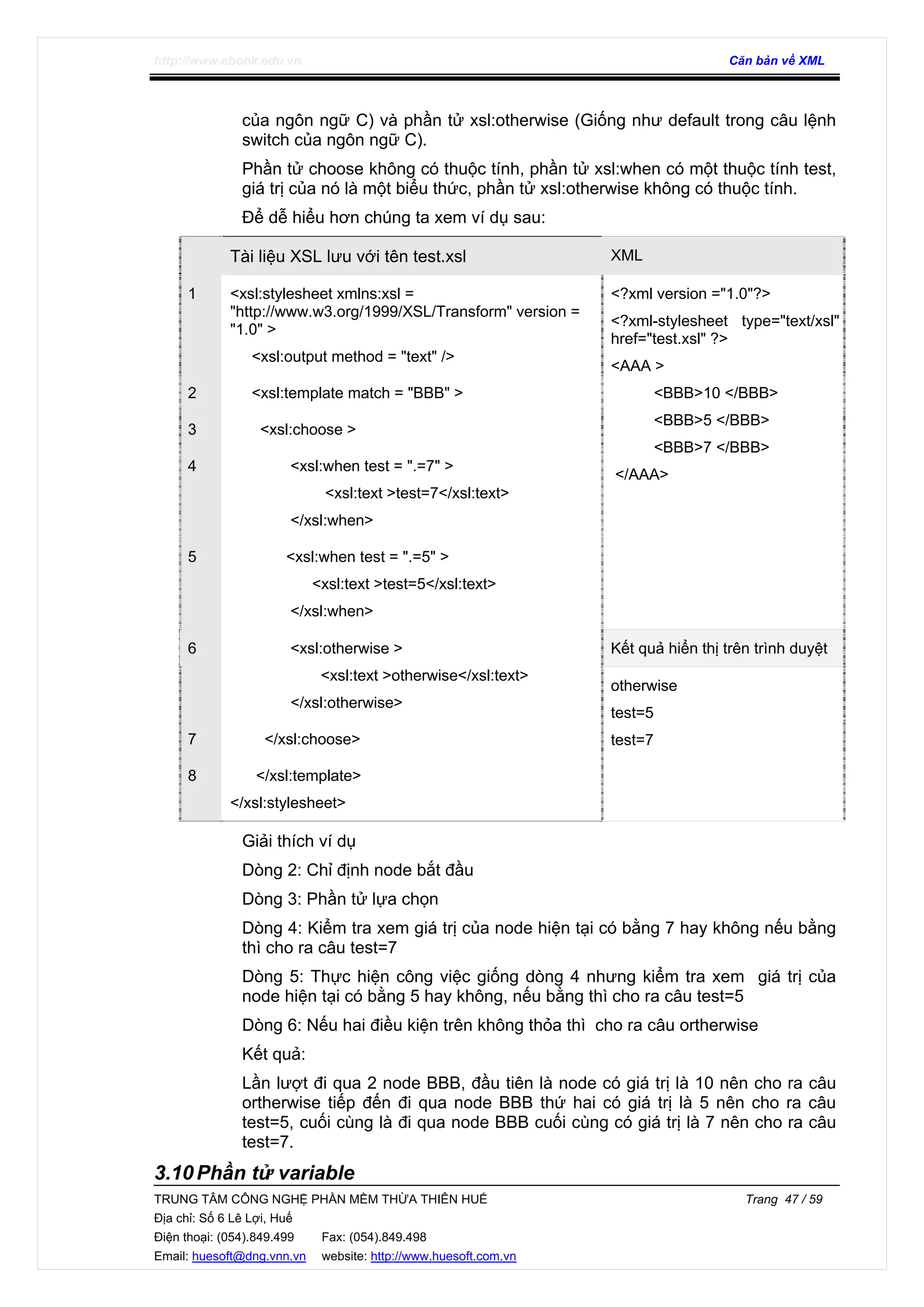http://www.ebook.edu.vn Căn bản về XML
TRUNG TÂM CÔNG NGHỆ PHẦN MỀM THỪA THIÊN HUẾ Trang 47 / 59
Địa chỉ: Số 6 Lê Lợi, Huế
Điện thoại: (054).849.499 Fax: (054).849.498
Email: huesoft@dng.vnn.vn website: http://www.huesoft.com.vn
của ngôn ngữ C) và phần tử xsl:otherwise (Giống như default trong câu lệnh
switch của ngôn ngữ C).
Phần tử choose không có thuộc tính, phần tử xsl:when có một thuộc tính test,
giá trị của nó là một biểu thức, phần tử xsl:otherwise không có thuộc tính.
Để dễ hiểu hơn chúng ta xem ví dụ sau:
Tài liệu XSL lưu với tên test.xsl XML
1 <xsl:stylesheet xmlns:xsl =
"http://www.w3.org/1999/XSL/Transform" version =
"1.0" >
<xsl:output method = "text" />
2 <xsl:template match = "BBB" >
3 <xsl:choose >
4 <xsl:when test = ".=7" >
<xsl:text >test=7</xsl:text>
</xsl:when>
5 <xsl:when test = ".=5" >
<xsl:text >test=5</xsl:text>
</xsl:when>
<?xml version ="1.0"?>
<?xml-stylesheet type="text/xsl"
href="test.xsl" ?>
<AAA >
<BBB>10 </BBB>
<BBB>5 </BBB>
<BBB>7 </BBB>
</AAA>
Kết quả hiển thị trên trình duyệt6 <xsl:otherwise >
<xsl:text >otherwise</xsl:text>
</xsl:otherwise>
7 </xsl:choose>
8 </xsl:template>
</xsl:stylesheet>
otherwise
test=5
test=7
Giải thích ví dụ
Dòng 2: Chỉ định node bắt đầu
Dòng 3: Phần tử lựa chọn
Dòng 4: Kiểm tra xem giá trị của node hiện tại có bằng 7 hay không nếu bằng
thì cho ra câu test=7
Dòng 5: Thực hiện công việc giống dòng 4 nhưng kiểm tra xem giá trị của
node hiện tại có bằng 5 hay không, nếu bằng thì cho ra câu test=5
Dòng 6: Nếu hai điều kiện trên không thỏa thì cho ra câu ortherwise
Kết quả:
Lần lượt đi qua 2 node BBB, đầu tiên là node có giá trị là 10 nên cho ra câu
ortherwise tiếp đến đi qua node BBB thứ hai có giá trị là 5 nên cho ra câu
test=5, cuối cùng là đi qua node BBB cuối cùng có giá trị là 7 nên cho ra câu
test=7.
3.10Phần tử variable
 