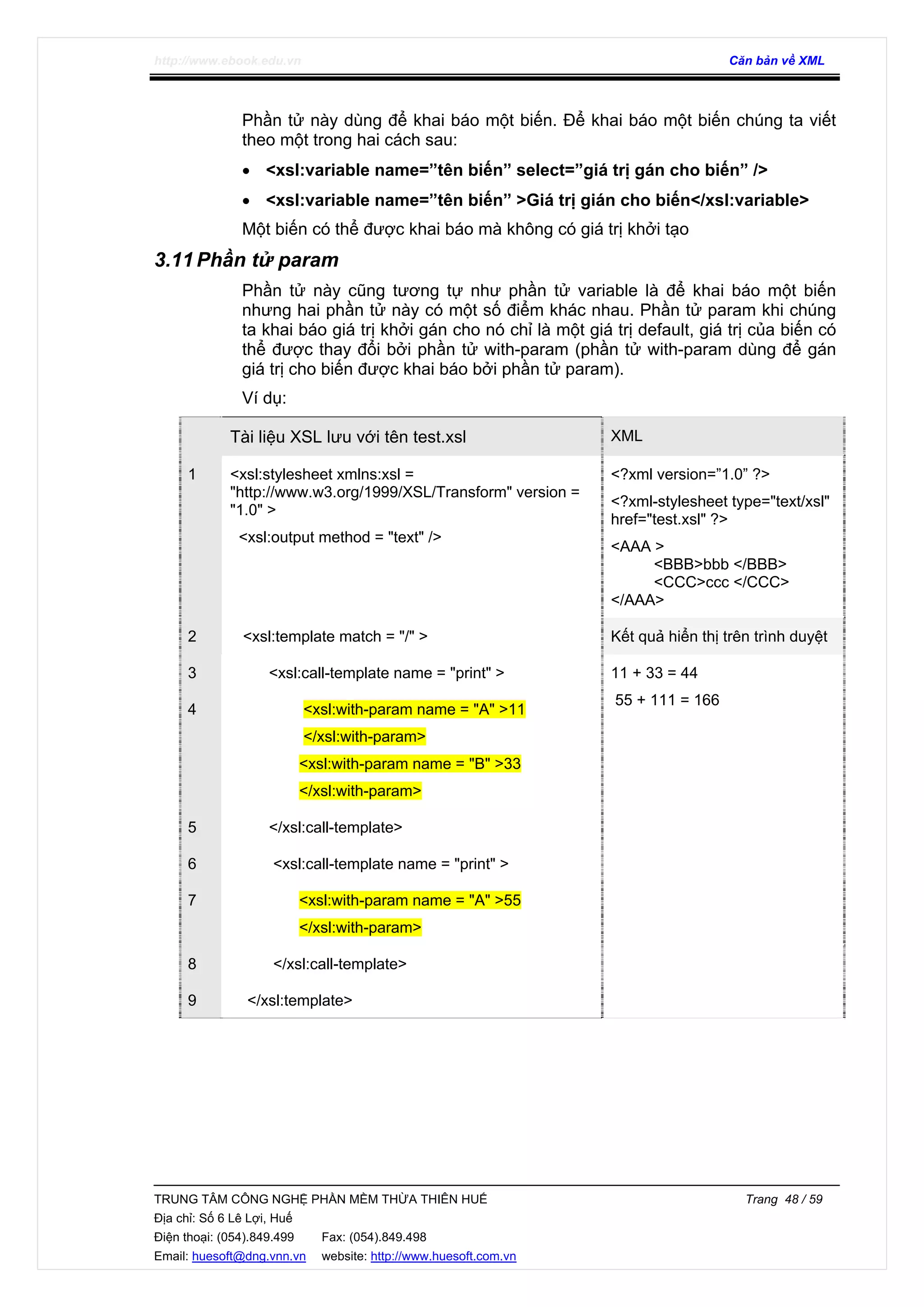http://www.ebook.edu.vn Căn bản về XML
TRUNG TÂM CÔNG NGHỆ PHẦN MỀM THỪA THIÊN HUẾ Trang 48 / 59
Địa chỉ: Số 6 Lê Lợi, Huế
Điện thoại: (054).849.499 Fax: (054).849.498
Email: huesoft@dng.vnn.vn website: http://www.huesoft.com.vn
Phần tử này dùng để khai báo một biến. Để khai báo một biến chúng ta viết
theo một trong hai cách sau:
• <xsl:variable name=”tên biến” select=”giá trị gán cho biến” />
• <xsl:variable name=”tên biến” >Giá trị gián cho biến</xsl:variable>
Một biến có thể được khai báo mà không có giá trị khởi tạo
3.11Phần tử param
Phần tử này cũng tương tự như phần tử variable là để khai báo một biến
nhưng hai phần tử này có một số điểm khác nhau. Phần tử param khi chúng
ta khai báo giá trị khởi gán cho nó chỉ là một giá trị default, giá trị của biến có
thể được thay đổi bởi phần tử with-param (phần tử with-param dùng để gán
giá trị cho biến được khai báo bởi phần tử param).
Ví dụ:
Tài liệu XSL lưu với tên test.xsl XML
1 <xsl:stylesheet xmlns:xsl =
"http://www.w3.org/1999/XSL/Transform" version =
"1.0" >
<xsl:output method = "text" />
<?xml version=”1.0” ?>
<?xml-stylesheet type="text/xsl"
href="test.xsl" ?>
<AAA >
<BBB>bbb </BBB>
<CCC>ccc </CCC>
</AAA>
2 <xsl:template match = "/" > Kết quả hiển thị trên trình duyệt
3 <xsl:call-template name = "print" >
4 <xsl:with-param name = "A" >11
</xsl:with-param>
<xsl:with-param name = "B" >33
</xsl:with-param>
5 </xsl:call-template>
6 <xsl:call-template name = "print" >
7 <xsl:with-param name = "A" >55
</xsl:with-param>
8 </xsl:call-template>
9 </xsl:template>
11 + 33 = 44
55 + 111 = 166
 