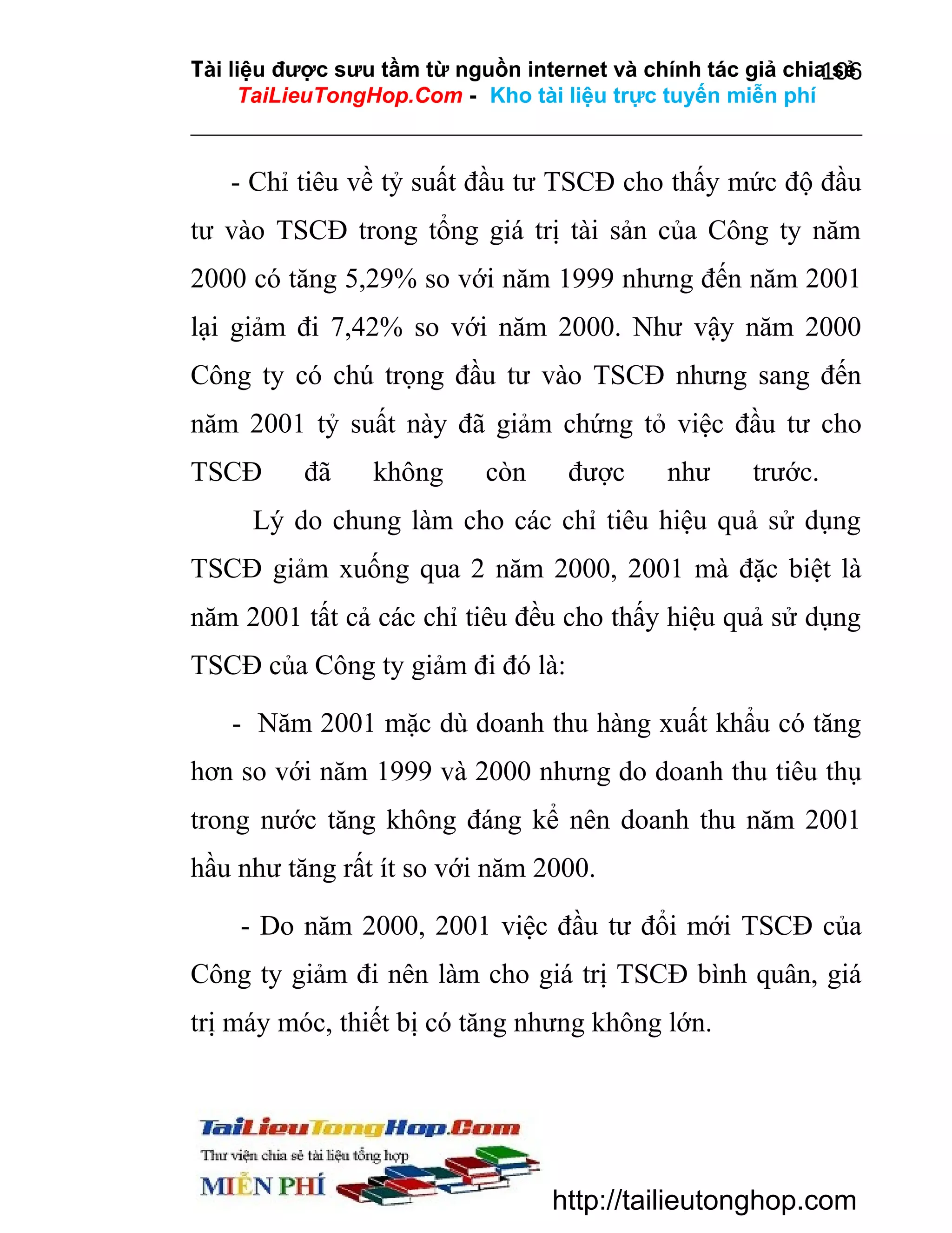 Tài liệu được sưu tầm từ nguồn internet và chính tác giả chia sẻ
106
TaiLieuTongHop.Com - Kho tài liệu trực tuyến miễn phí

- Chỉ tiêu về tỷ suất đầu tư TSCĐ cho thấy mức độ đầu
tư vào TSCĐ trong tổng giá trị tài sản của Công ty năm
2000 có tăng 5,29% so với năm 1999 nhưng đến năm 2001
lại giảm đi 7,42% so với năm 2000. Như vậy năm 2000
Công ty có chú trọng đầu tư vào TSCĐ nhưng sang đến
năm 2001 tỷ suất này đã giảm chứng tỏ việc đầu tư cho
TSCĐ

đã

không

còn

được

như

trước.

Lý do chung làm cho các chỉ tiêu hiệu quả sử dụng
TSCĐ giảm xuống qua 2 năm 2000, 2001 mà đặc biệt là
năm 2001 tất cả các chỉ tiêu đều cho thấy hiệu quả sử dụng
TSCĐ của Công ty giảm đi đó là:
- Năm 2001 mặc dù doanh thu hàng xuất khẩu có tăng
hơn so với năm 1999 và 2000 nhưng do doanh thu tiêu thụ
trong nước tăng không đáng kể nên doanh thu năm 2001
hầu như tăng rất ít so với năm 2000.
- Do năm 2000, 2001 việc đầu tư đổi mới TSCĐ của
Công ty giảm đi nên làm cho giá trị TSCĐ bình quân, giá
trị máy móc, thiết bị có tăng nhưng không lớn.

http://tailieutonghop.com

 
