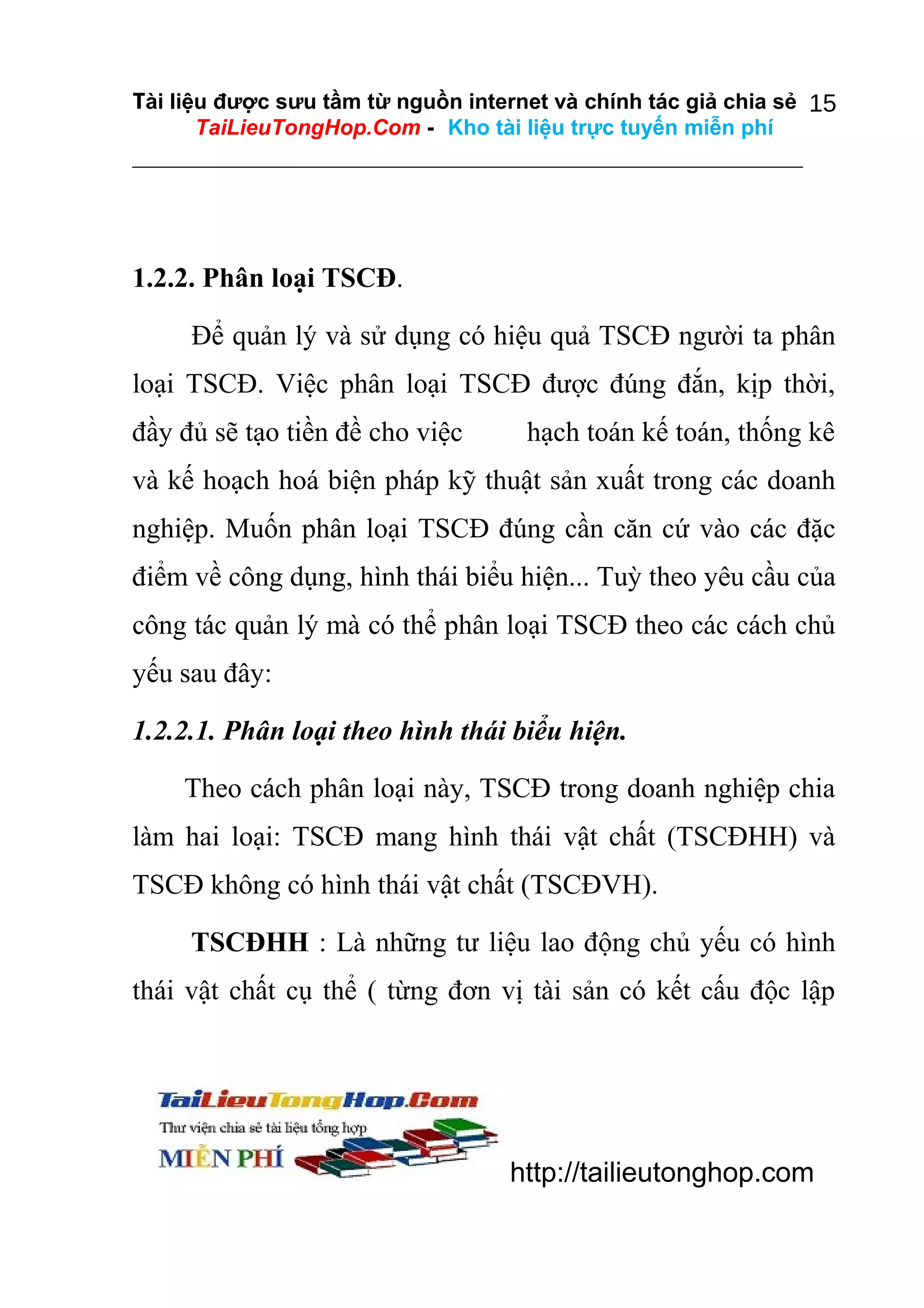 Tài liệu được sưu tầm từ nguồn internet và chính tác giả chia sẻ 15
TaiLieuTongHop.Com - Kho tài liệu trực tuyến miễn phí

1.2.2. Phân loại TSCĐ.
Để quản lý và sử dụng có hiệu quả TSCĐ người ta phân
loại TSCĐ. Việc phân loại TSCĐ được đúng đắn, kịp thời,
đầy đủ sẽ tạo tiền đề cho việc

hạch toán kế toán, thống kê

và kế hoạch hoá biện pháp kỹ thuật sản xuất trong các doanh
nghiệp. Muốn phân loại TSCĐ đúng cần căn cứ vào các đặc
điểm về công dụng, hình thái biểu hiện... Tuỳ theo yêu cầu của
công tác quản lý mà có thể phân loại TSCĐ theo các cách chủ
yếu sau đây:
1.2.2.1. Phân loại theo hình thái biểu hiện.
Theo cách phân loại này, TSCĐ trong doanh nghiệp chia
làm hai loại: TSCĐ mang hình thái vật chất (TSCĐHH) và
TSCĐ không có hình thái vật chất (TSCĐVH).
TSCĐHH : Là những tư liệu lao động chủ yếu có hình
thái vật chất cụ thể ( từng đơn vị tài sản có kết cấu độc lập

http://tailieutonghop.com

 