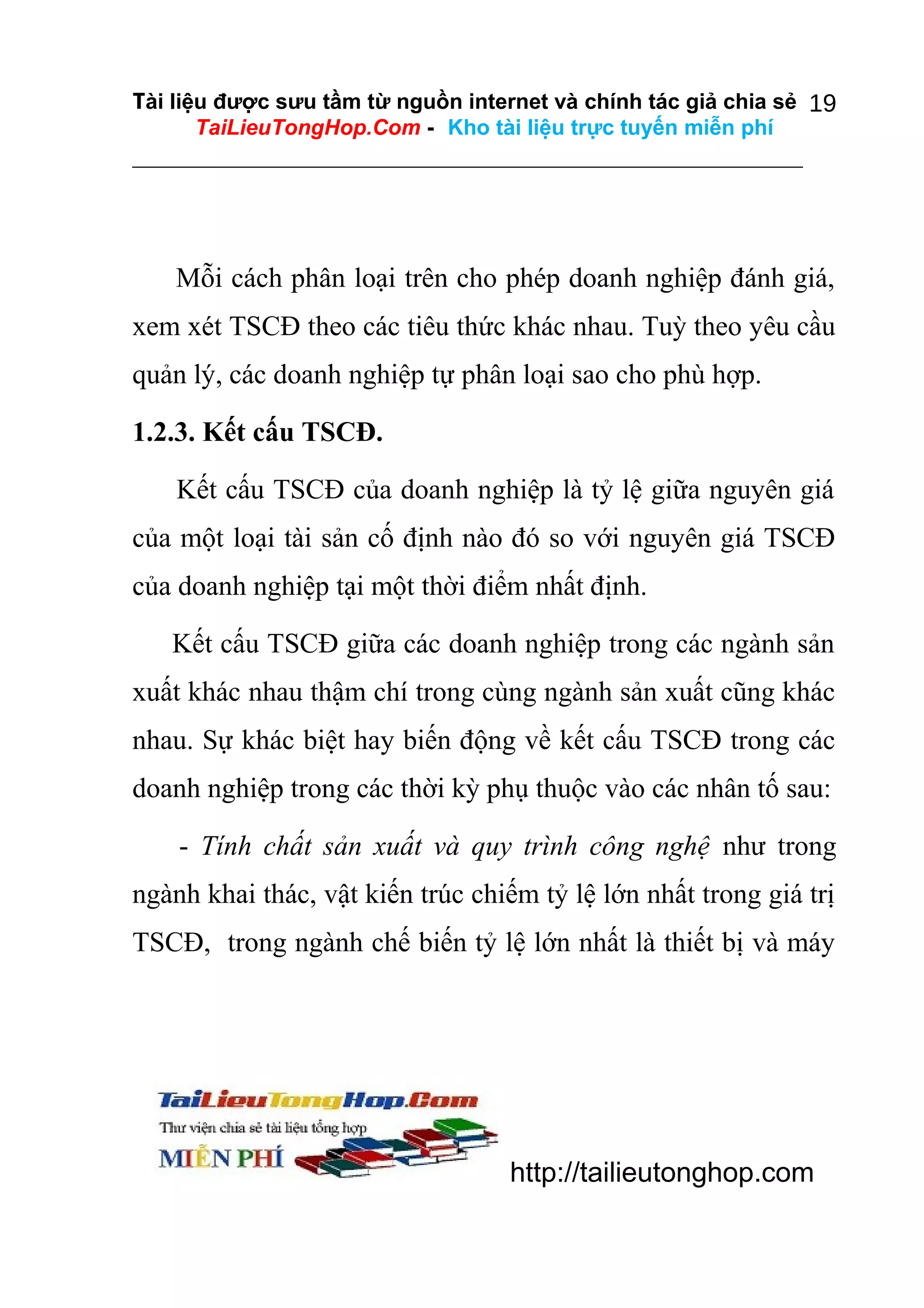 Tài liệu được sưu tầm từ nguồn internet và chính tác giả chia sẻ 19
TaiLieuTongHop.Com - Kho tài liệu trực tuyến miễn phí

Mỗi cách phân loại trên cho phép doanh nghiệp đánh giá,
xem xét TSCĐ theo các tiêu thức khác nhau. Tuỳ theo yêu cầu
quản lý, các doanh nghiệp tự phân loại sao cho phù hợp.
1.2.3. Kết cấu TSCĐ.
Kết cấu TSCĐ của doanh nghiệp là tỷ lệ giữa nguyên giá
của một loại tài sản cố định nào đó so với nguyên giá TSCĐ
của doanh nghiệp tại một thời điểm nhất định.
Kết cấu TSCĐ giữa các doanh nghiệp trong các ngành sản
xuất khác nhau thậm chí trong cùng ngành sản xuất cũng khác
nhau. Sự khác biệt hay biến động về kết cấu TSCĐ trong các
doanh nghiệp trong các thời kỳ phụ thuộc vào các nhân tố sau:
- Tính chất sản xuất và quy trình công nghệ như trong
ngành khai thác, vật kiến trúc chiếm tỷ lệ lớn nhất trong giá trị
TSCĐ, trong ngành chế biến tỷ lệ lớn nhất là thiết bị và máy

http://tailieutonghop.com

 