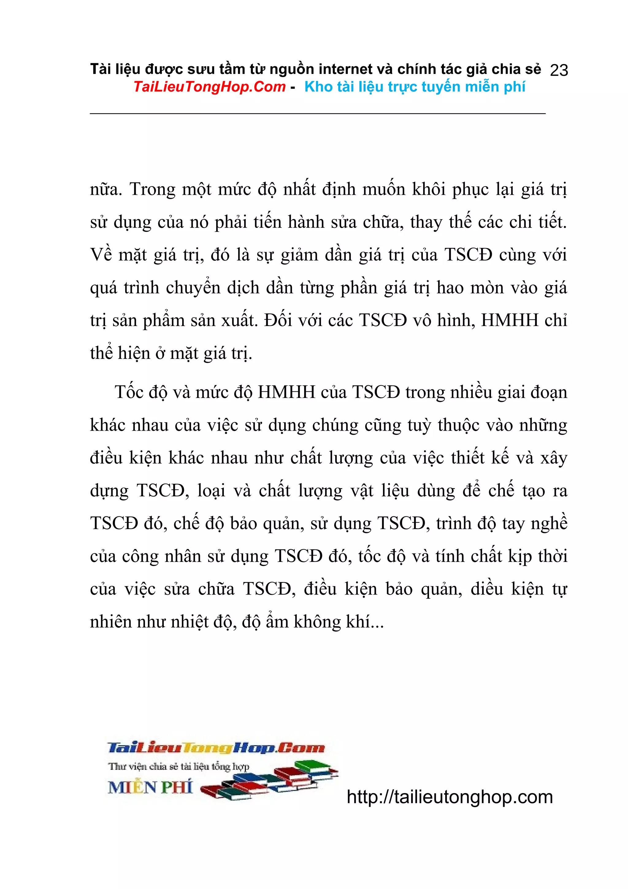 Tài liệu được sưu tầm từ nguồn internet và chính tác giả chia sẻ 23
TaiLieuTongHop.Com - Kho tài liệu trực tuyến miễn phí

nữa. Trong một mức độ nhất định muốn khôi phục lại giá trị
sử dụng của nó phải tiến hành sửa chữa, thay thế các chi tiết.
Về mặt giá trị, đó là sự giảm dần giá trị của TSCĐ cùng với
quá trình chuyển dịch dần từng phần giá trị hao mòn vào giá
trị sản phẩm sản xuất. Đối với các TSCĐ vô hình, HMHH chỉ
thể hiện ở mặt giá trị.
Tốc độ và mức độ HMHH của TSCĐ trong nhiều giai đoạn
khác nhau của việc sử dụng chúng cũng tuỳ thuộc vào những
điều kiện khác nhau như chất lượng của việc thiết kế và xây
dựng TSCĐ, loại và chất lượng vật liệu dùng để chế tạo ra
TSCĐ đó, chế độ bảo quản, sử dụng TSCĐ, trình độ tay nghề
của công nhân sử dụng TSCĐ đó, tốc độ và tính chất kịp thời
của việc sửa chữa TSCĐ, điều kiện bảo quản, diều kiện tự
nhiên như nhiệt độ, độ ẩm không khí...

http://tailieutonghop.com

 