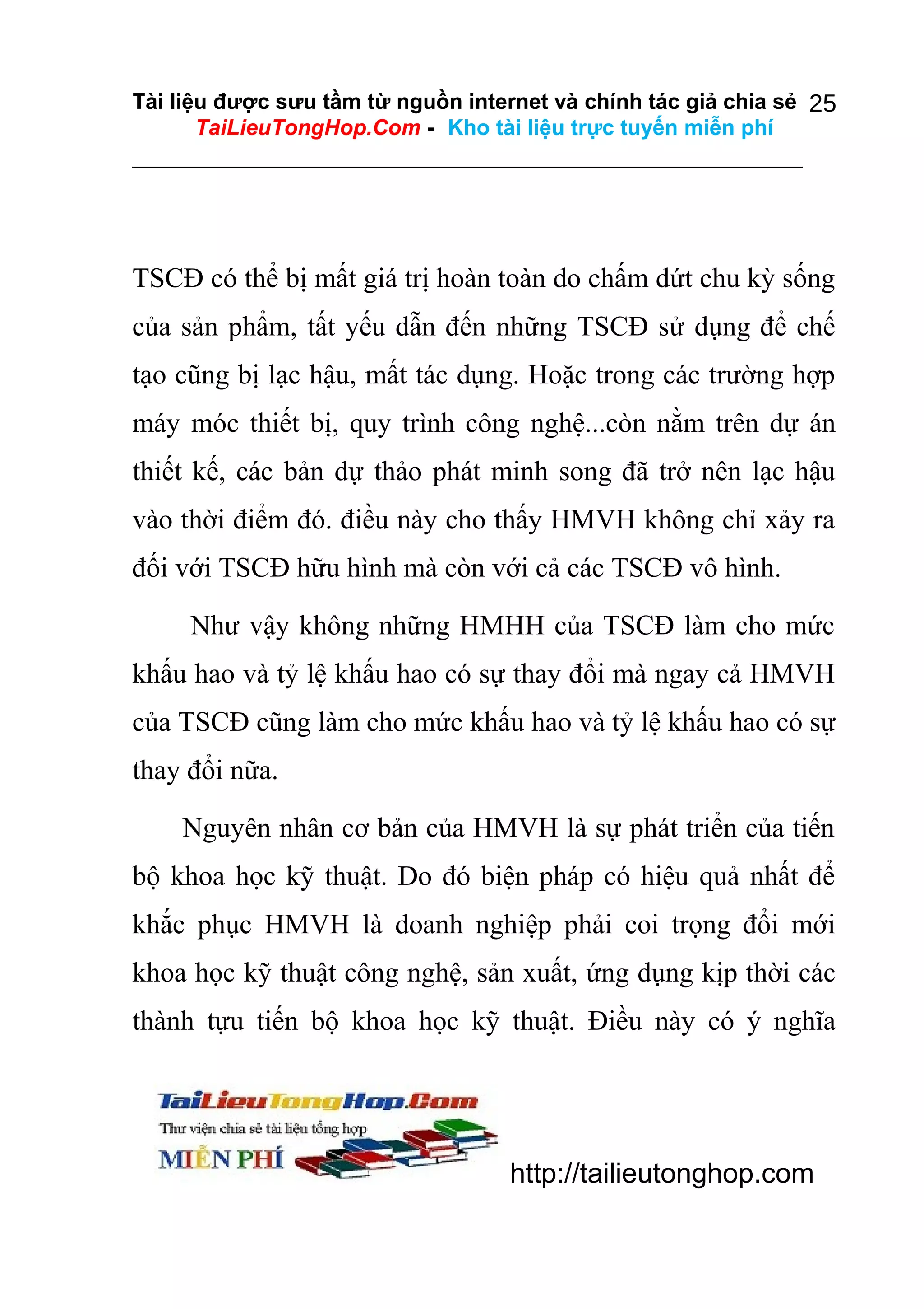 Tài liệu được sưu tầm từ nguồn internet và chính tác giả chia sẻ 25
TaiLieuTongHop.Com - Kho tài liệu trực tuyến miễn phí

TSCĐ có thể bị mất giá trị hoàn toàn do chấm dứt chu kỳ sống
của sản phẩm, tất yếu dẫn đến những TSCĐ sử dụng để chế
tạo cũng bị lạc hậu, mất tác dụng. Hoặc trong các trường hợp
máy móc thiết bị, quy trình công nghệ...còn nằm trên dự án
thiết kế, các bản dự thảo phát minh song đã trở nên lạc hậu
vào thời điểm đó. điều này cho thấy HMVH không chỉ xảy ra
đối với TSCĐ hữu hình mà còn với cả các TSCĐ vô hình.
Như vậy không những HMHH của TSCĐ làm cho mức
khấu hao và tỷ lệ khấu hao có sự thay đổi mà ngay cả HMVH
của TSCĐ cũng làm cho mức khấu hao và tỷ lệ khấu hao có sự
thay đổi nữa.
Nguyên nhân cơ bản của HMVH là sự phát triển của tiến
bộ khoa học kỹ thuật. Do đó biện pháp có hiệu quả nhất để
khắc phục HMVH là doanh nghiệp phải coi trọng đổi mới
khoa học kỹ thuật công nghệ, sản xuất, ứng dụng kịp thời các
thành tựu tiến bộ khoa học kỹ thuật. Điều này có ý nghĩa

http://tailieutonghop.com

 