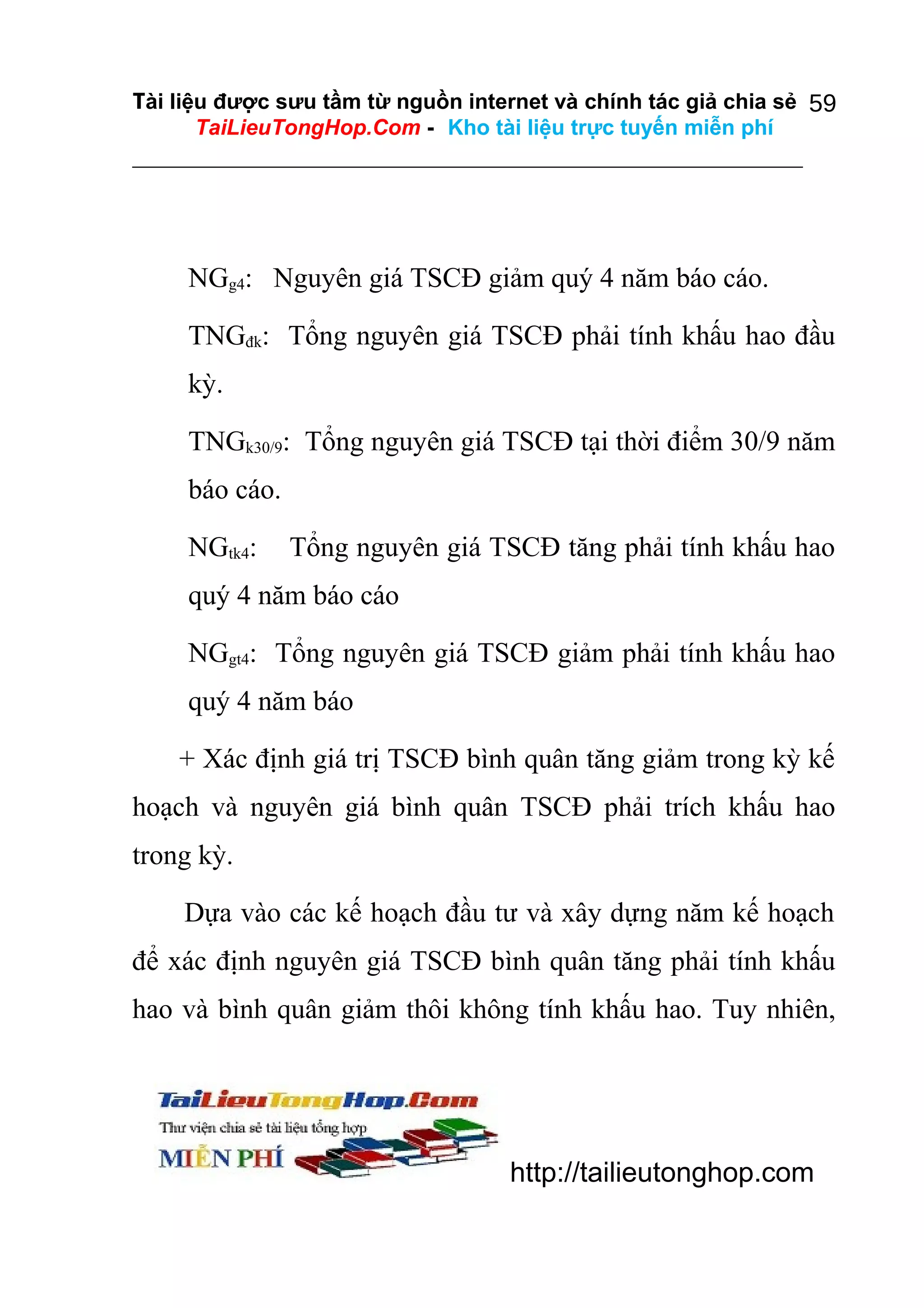 Tài liệu được sưu tầm từ nguồn internet và chính tác giả chia sẻ 59
TaiLieuTongHop.Com - Kho tài liệu trực tuyến miễn phí

NGg4: Nguyên giá TSCĐ giảm quý 4 năm báo cáo.
TNGđk: Tổng nguyên giá TSCĐ phải tính khấu hao đầu
kỳ.
TNGk30/9: Tổng nguyên giá TSCĐ tại thời điểm 30/9 năm
báo cáo.
NGtk4:

Tổng nguyên giá TSCĐ tăng phải tính khấu hao

quý 4 năm báo cáo
NGgt4: Tổng nguyên giá TSCĐ giảm phải tính khấu hao
quý 4 năm báo
+ Xác định giá trị TSCĐ bình quân tăng giảm trong kỳ kế
hoạch và nguyên giá bình quân TSCĐ phải trích khấu hao
trong kỳ.
Dựa vào các kế hoạch đầu tư và xây dựng năm kế hoạch
để xác định nguyên giá TSCĐ bình quân tăng phải tính khấu
hao và bình quân giảm thôi không tính khấu hao. Tuy nhiên,

http://tailieutonghop.com

 