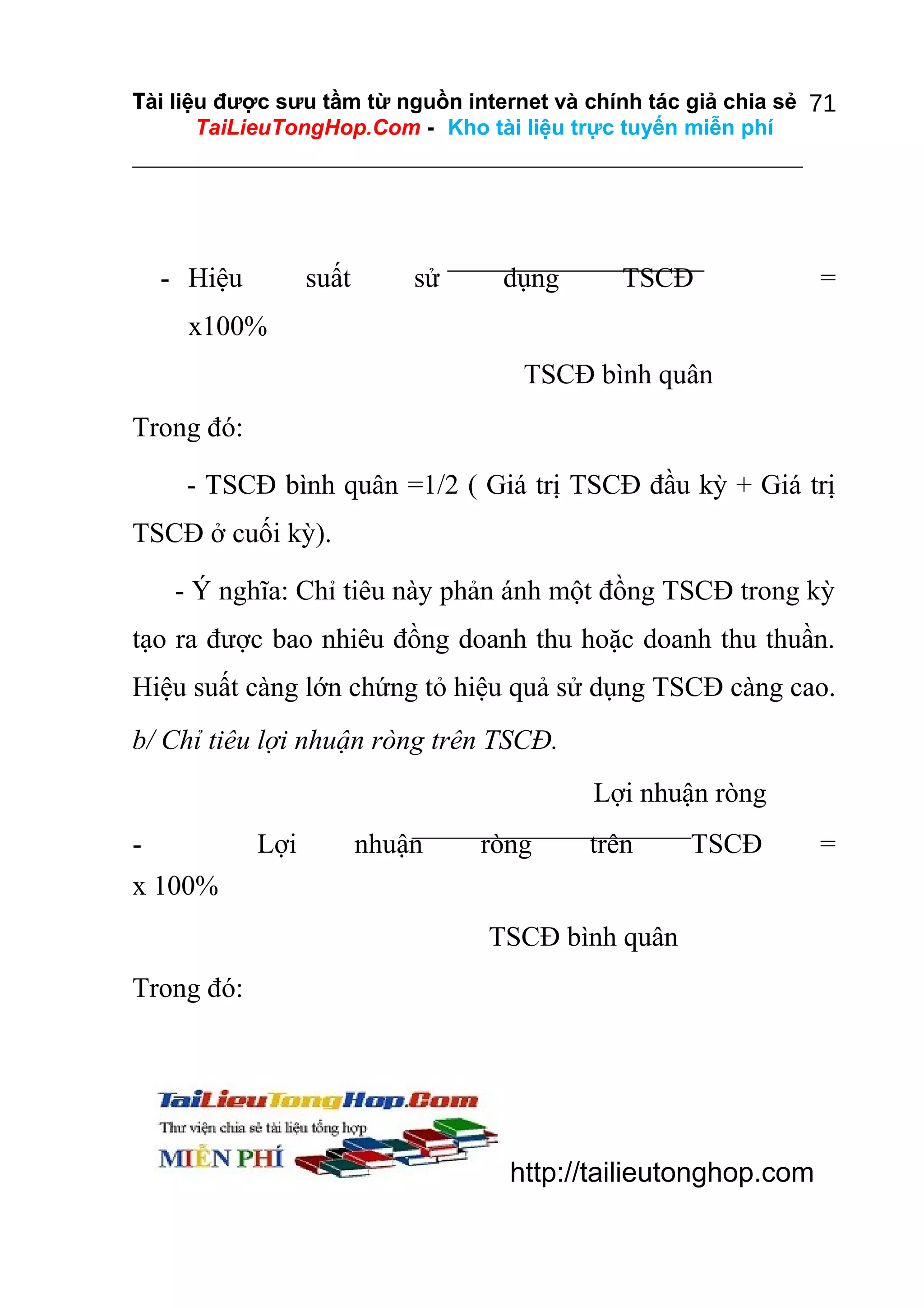 Tài liệu được sưu tầm từ nguồn internet và chính tác giả chia sẻ 71
TaiLieuTongHop.Com - Kho tài liệu trực tuyến miễn phí

- Hiệu

suất

sử

dụng

TSCĐ

=

x100%
TSCĐ bình quân
Trong đó:
- TSCĐ bình quân =1/2 ( Giá trị TSCĐ đầu kỳ + Giá trị
TSCĐ ở cuối kỳ).
- Ý nghĩa: Chỉ tiêu này phản ánh một đồng TSCĐ trong kỳ
tạo ra được bao nhiêu đồng doanh thu hoặc doanh thu thuần.
Hiệu suất càng lớn chứng tỏ hiệu quả sử dụng TSCĐ càng cao.
b/ Chỉ tiêu lợi nhuận ròng trên TSCĐ.
Lợi nhuận ròng
x 100%

Lợi

nhuận

ròng

trên

TSCĐ

TSCĐ bình quân
Trong đó:

http://tailieutonghop.com

=

 