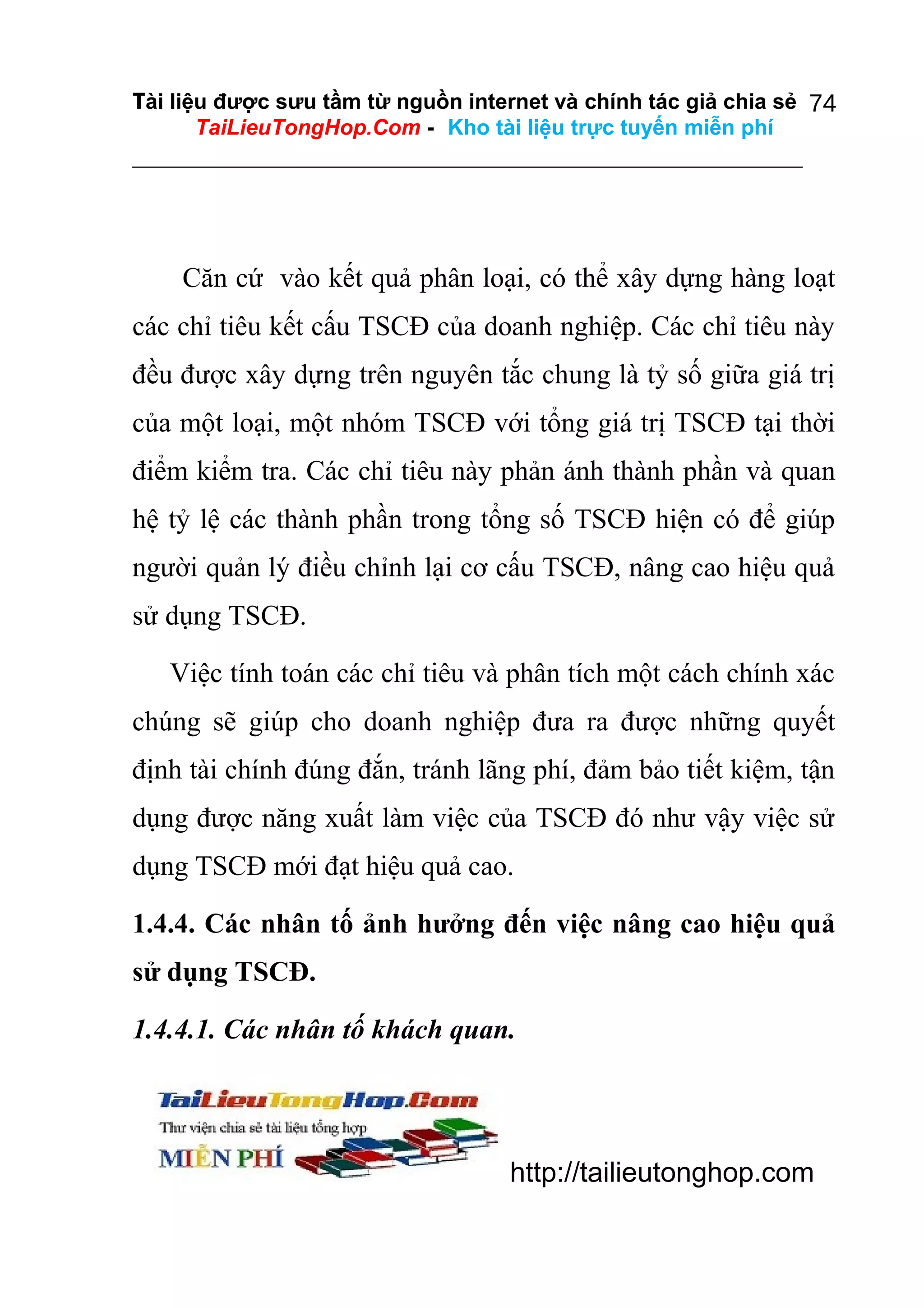 Tài liệu được sưu tầm từ nguồn internet và chính tác giả chia sẻ 74
TaiLieuTongHop.Com - Kho tài liệu trực tuyến miễn phí

Căn cứ vào kết quả phân loại, có thể xây dựng hàng loạt
các chỉ tiêu kết cấu TSCĐ của doanh nghiệp. Các chỉ tiêu này
đều được xây dựng trên nguyên tắc chung là tỷ số giữa giá trị
của một loại, một nhóm TSCĐ với tổng giá trị TSCĐ tại thời
điểm kiểm tra. Các chỉ tiêu này phản ánh thành phần và quan
hệ tỷ lệ các thành phần trong tổng số TSCĐ hiện có để giúp
người quản lý điều chỉnh lại cơ cấu TSCĐ, nâng cao hiệu quả
sử dụng TSCĐ.
Việc tính toán các chỉ tiêu và phân tích một cách chính xác
chúng sẽ giúp cho doanh nghiệp đưa ra được những quyết
định tài chính đúng đắn, tránh lãng phí, đảm bảo tiết kiệm, tận
dụng được năng xuất làm việc của TSCĐ đó như vậy việc sử
dụng TSCĐ mới đạt hiệu quả cao.
1.4.4. Các nhân tố ảnh hưởng đến việc nâng cao hiệu quả
sử dụng TSCĐ.
1.4.4.1. Các nhân tố khách quan.

http://tailieutonghop.com

 