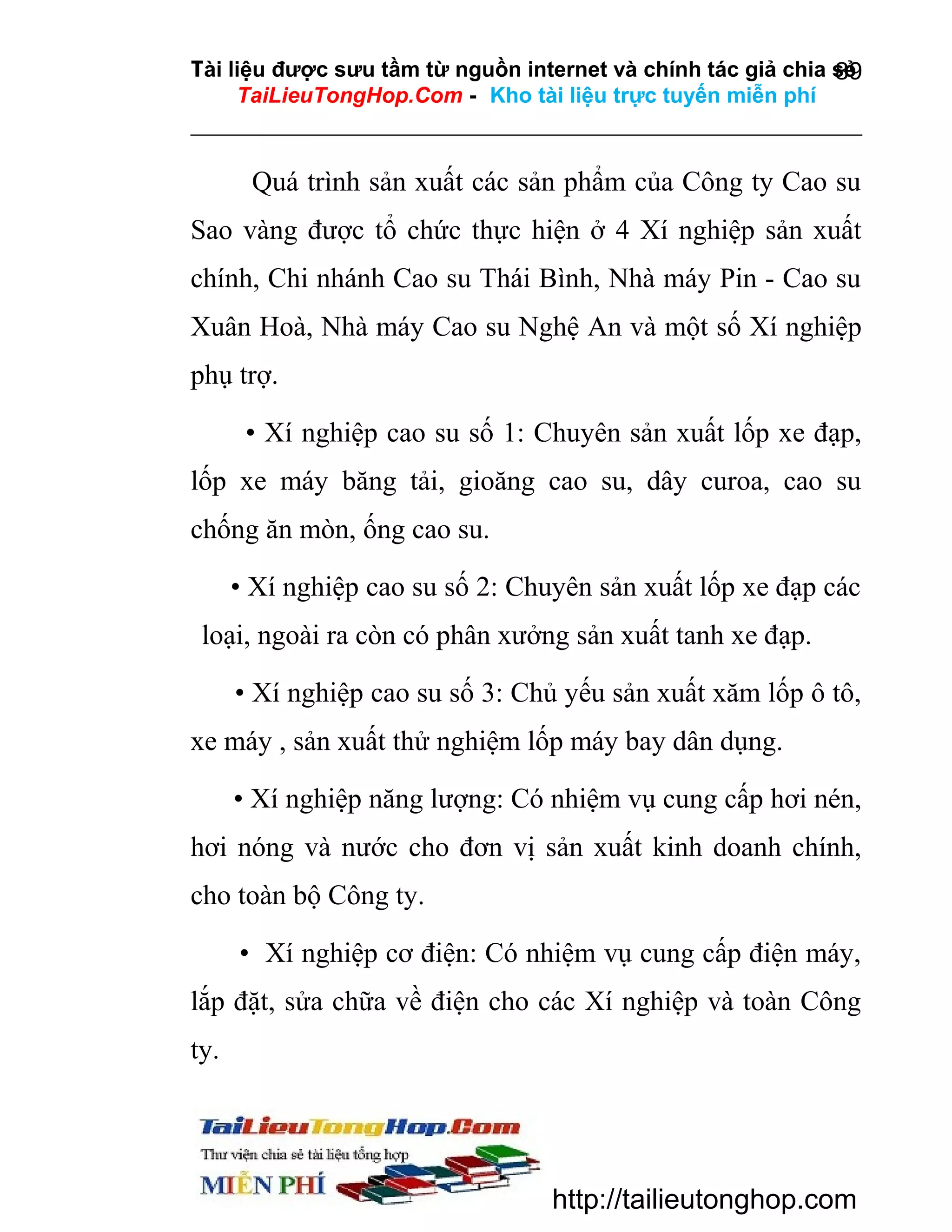 Tài liệu được sưu tầm từ nguồn internet và chính tác giả chia sẻ
89
TaiLieuTongHop.Com - Kho tài liệu trực tuyến miễn phí

Quá trình sản xuất các sản phẩm của Công ty Cao su
Sao vàng được tổ chức thực hiện ở 4 Xí nghiệp sản xuất
chính, Chi nhánh Cao su Thái Bình, Nhà máy Pin - Cao su
Xuân Hoà, Nhà máy Cao su Nghệ An và một số Xí nghiệp
phụ trợ.
• Xí nghiệp cao su số 1: Chuyên sản xuất lốp xe đạp,
lốp xe máy băng tải, gioăng cao su, dây curoa, cao su
chống ăn mòn, ống cao su.
• Xí nghiệp cao su số 2: Chuyên sản xuất lốp xe đạp các
loại, ngoài ra còn có phân xưởng sản xuất tanh xe đạp.
• Xí nghiệp cao su số 3: Chủ yếu sản xuất xăm lốp ô tô,
xe máy , sản xuất thử nghiệm lốp máy bay dân dụng.
• Xí nghiệp năng lượng: Có nhiệm vụ cung cấp hơi nén,
hơi nóng và nước cho đơn vị sản xuất kinh doanh chính,
cho toàn bộ Công ty.
• Xí nghiệp cơ điện: Có nhiệm vụ cung cấp điện máy,
lắp đặt, sửa chữa về điện cho các Xí nghiệp và toàn Công
ty.

http://tailieutonghop.com

 