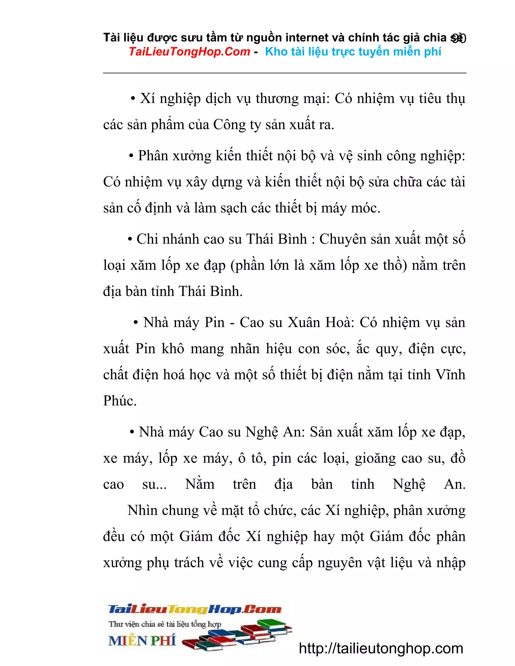 Tài liệu được sưu tầm từ nguồn internet và chính tác giả chia sẻ
90
TaiLieuTongHop.Com - Kho tài liệu trực tuyến miễn phí

• Xí nghiệp dịch vụ thương mại: Có nhiệm vụ tiêu thụ
các sản phẩm của Công ty sản xuất ra.
• Phân xưởng kiến thiết nội bộ và vệ sinh công nghiệp:
Có nhiệm vụ xây dựng và kiến thiết nội bộ sửa chữa các tài
sản cố định và làm sạch các thiết bị máy móc.
• Chi nhánh cao su Thái Bình : Chuyên sản xuất một số
loại xăm lốp xe đạp (phần lớn là xăm lốp xe thồ) nằm trên
địa bàn tỉnh Thái Bình.
• Nhà máy Pin - Cao su Xuân Hoà: Có nhiệm vụ sản
xuất Pin khô mang nhãn hiệu con sóc, ắc quy, điện cực,
chất điện hoá học và một số thiết bị điện nằm tại tỉnh Vĩnh
Phúc.
• Nhà máy Cao su Nghệ An: Sản xuất xăm lốp xe đạp,
xe máy, lốp xe máy, ô tô, pin các loại, gioăng cao su, đồ
cao

su...

Nằm

trên

địa

bàn

tỉnh

Nghệ

An.

Nhìn chung về mặt tổ chức, các Xí nghiệp, phân xưởng
đều có một Giám đốc Xí nghiệp hay một Giám đốc phân
xưởng phụ trách về việc cung cấp nguyên vật liệu và nhập

http://tailieutonghop.com

 