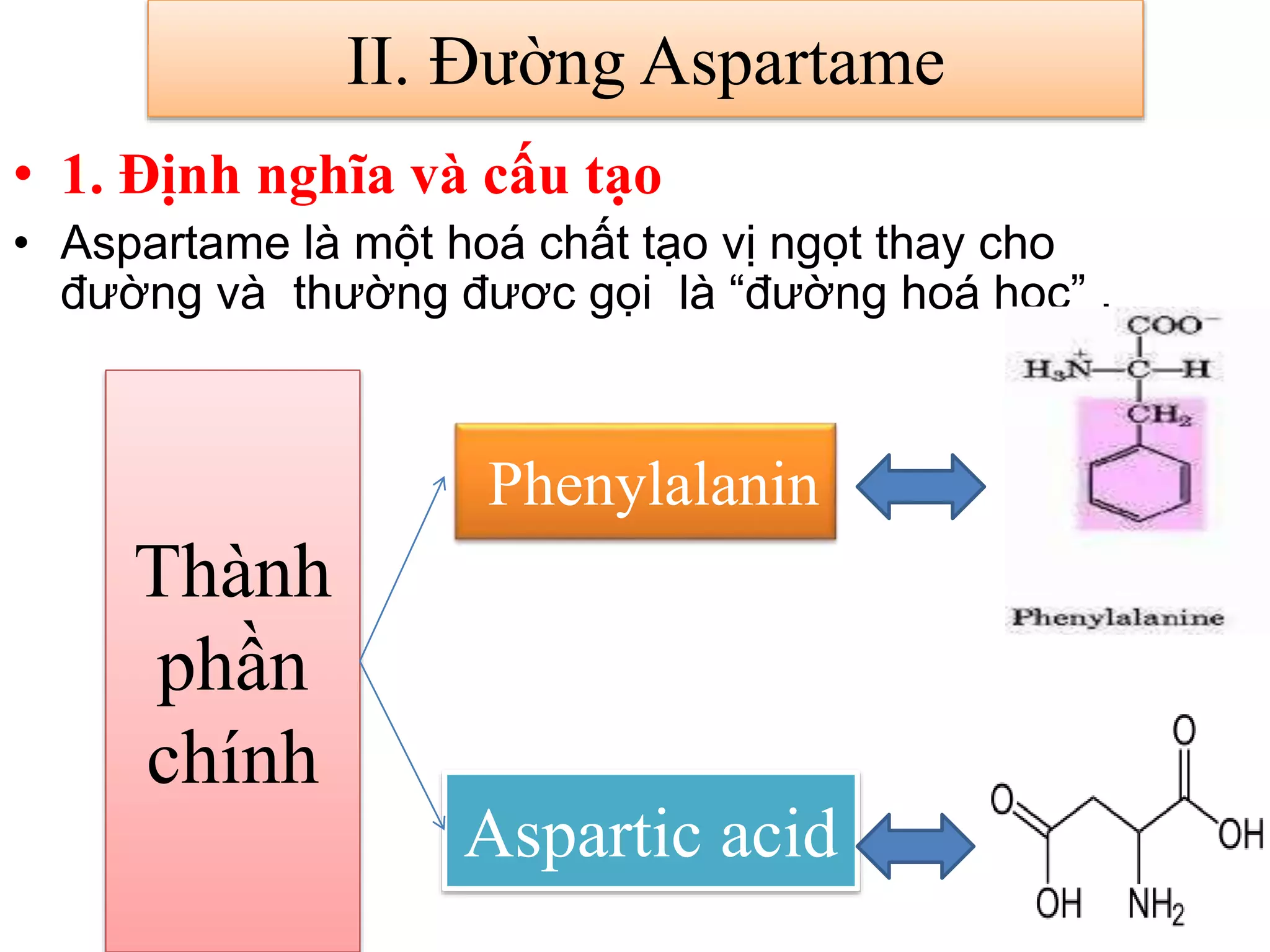 • 1. Định nghĩa và cấu tạo
• Aspartame là một hoá chất tạo vị ngọt thay cho
đường và thường đươc gọi là “đường hoá học” .
II. Đường Aspartame
Thành
phần
chính
Phenylalanin
Aspartic acid
 