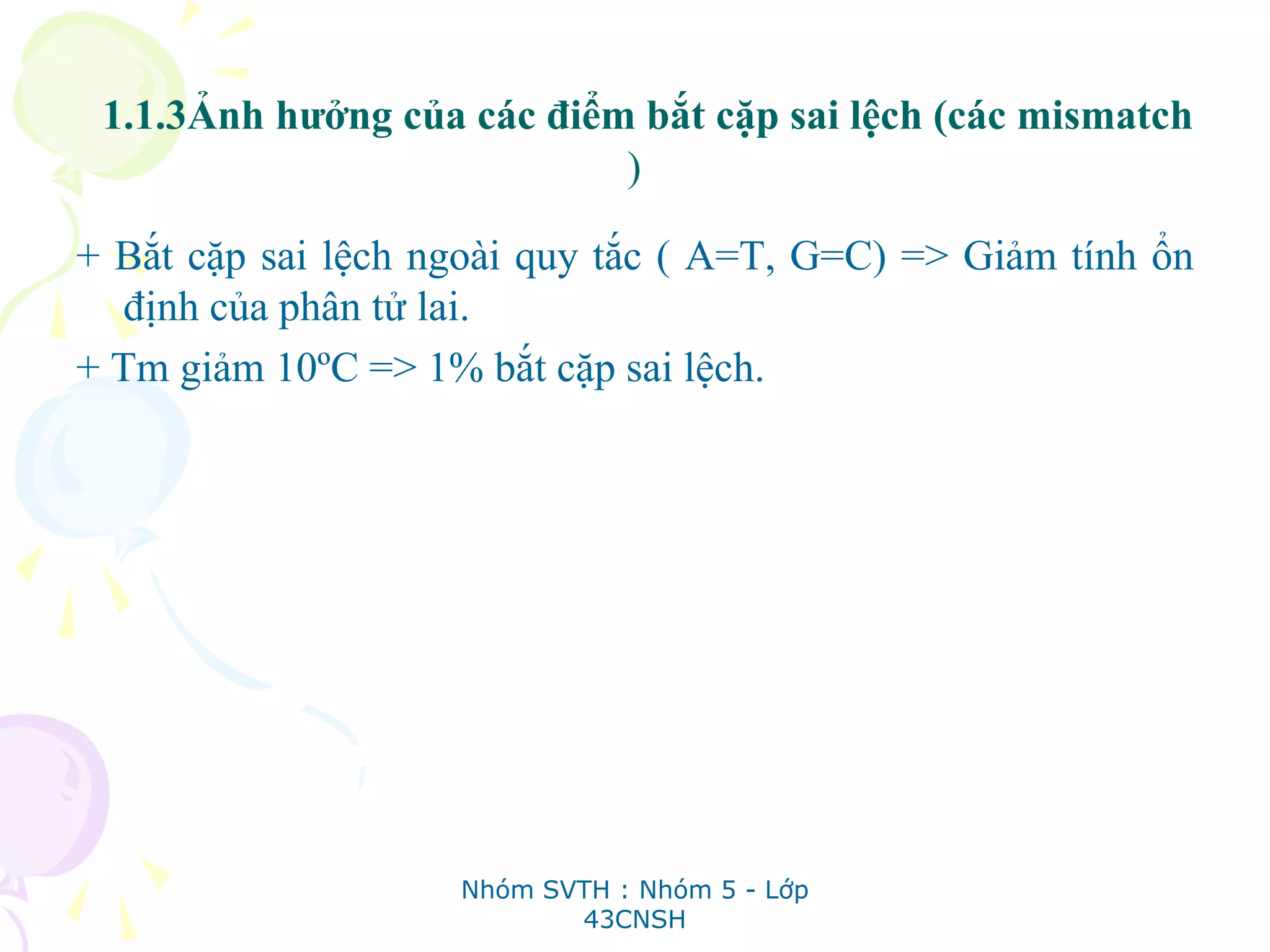 1.1.3Ảnh hưởng của các điểm bắt cặp sai lệch (các mismatch
)
+ Bắt cặp sai lệch ngoài quy tắc ( A=T, G=C) => Giảm tính ổn
định của phân tử lai.
+ Tm giảm 10ºC => 1% bắt cặp sai lệch.
Nhóm SVTH : Nhóm 5 - Lớp
43CNSH
 