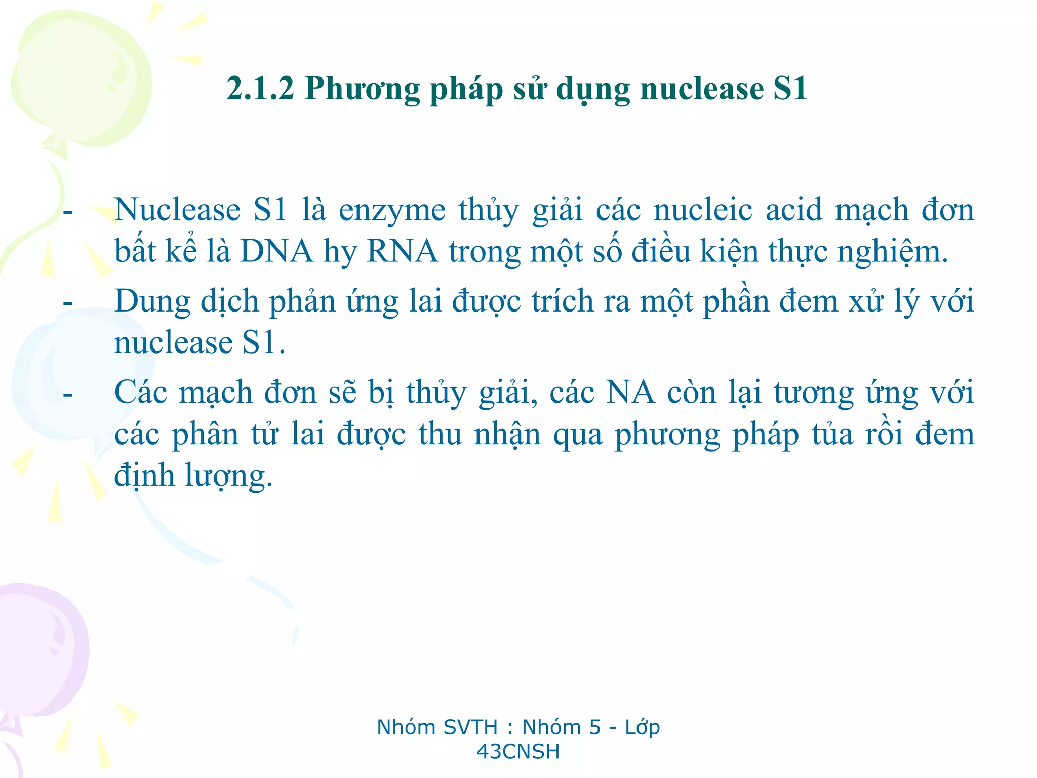 2.1.2 Phương pháp sử dụng nuclease S1
- Nuclease S1 là enzyme thủy giải các nucleic acid mạch đơn
bất kể là DNA hy RNA trong một số điều kiện thực nghiệm.
- Dung dịch phản ứng lai được trích ra một phần đem xử lý với
nuclease S1.
- Các mạch đơn sẽ bị thủy giải, các NA còn lại tương ứng với
các phân tử lai được thu nhận qua phương pháp tủa rồi đem
định lượng.
Nhóm SVTH : Nhóm 5 - Lớp
43CNSH
 