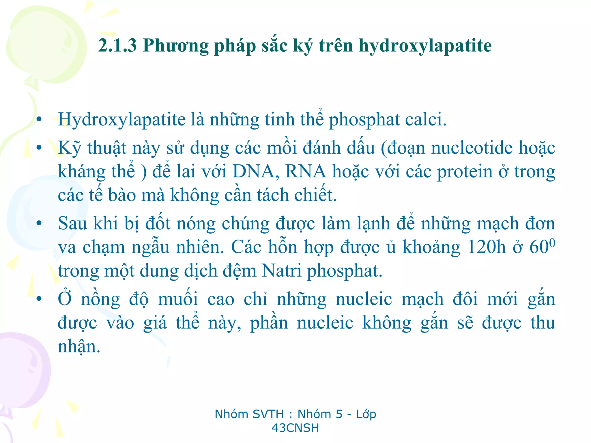 2.1.3 Phương pháp sắc ký trên hydroxylapatite
• Hydroxylapatite là những tinh thể phosphat calci.
• Kỹ thuật này sử dụng các mồi đánh dấu (đoạn nucleotide hoặc
kháng thể ) để lai với DNA, RNA hoặc với các protein ở trong
các tế bào mà không cần tách chiết.
• Sau khi bị đốt nóng chúng được làm lạnh để những mạch đơn
va chạm ngẫu nhiên. Các hỗn hợp được ủ khoảng 120h ở 600
trong một dung dịch đệm Natri phosphat.
• Ở nồng độ muối cao chỉ những nucleic mạch đôi mới gắn
được vào giá thể này, phần nucleic không gắn sẽ được thu
nhận.
Nhóm SVTH : Nhóm 5 - Lớp
43CNSH
 
