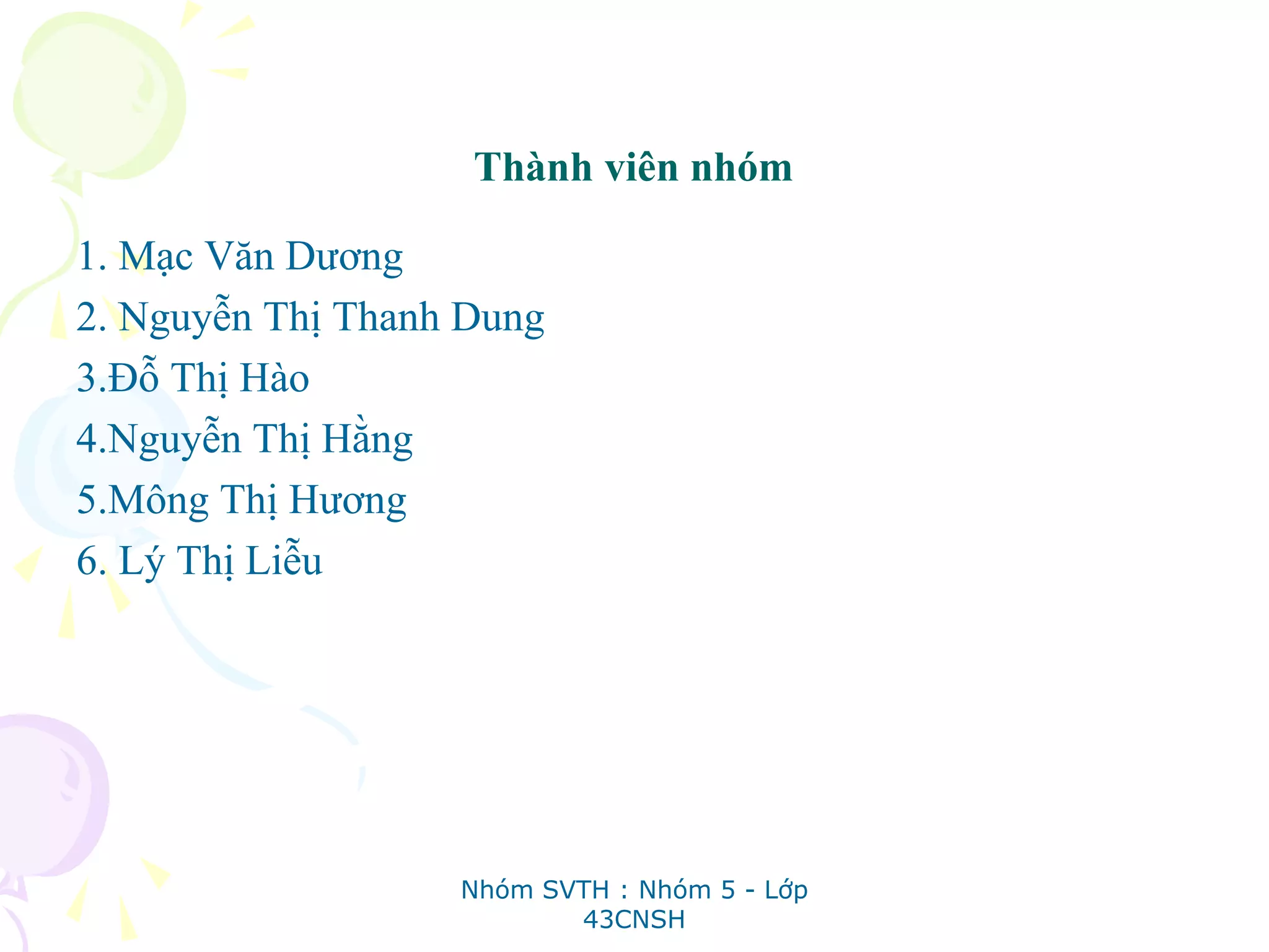 Thành viên nhóm
1. Mạc Văn Dương
2. Nguyễn Thị Thanh Dung
3.Đỗ Thị Hào
4.Nguyễn Thị Hằng
5.Mông Thị Hương
6. Lý Thị Liễu
Nhóm SVTH : Nhóm 5 - Lớp
43CNSH
 