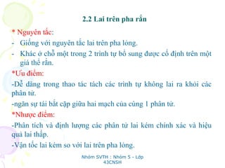 2.2 Lai trên pha rắn
* Nguyên tắc:
- Giống với nguyên tắc lai trên pha lỏng.
- Khác ở chỗ một trong 2 trình tự bổ sung được cố định trên một
giá thể rắn.
*Ưu điểm:
-Dễ dàng trong thao tác tách các trình tự không lai ra khỏi các
phân tử.
-ngăn sự tái bắt cặp giữa hai mạch của cùng 1 phân tử.
*Nhược điểm:
-Phân tích và định lượng các phân tử lai kém chính xác và hiệu
quả lai thấp.
-Vận tốc lai kém so với lai trên pha lỏng.
Nhóm SVTH : Nhóm 5 - Lớp
43CNSH
 