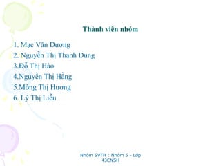 Thành viên nhóm
1. Mạc Văn Dương
2. Nguyễn Thị Thanh Dung
3.Đỗ Thị Hào
4.Nguyễn Thị Hằng
5.Mông Thị Hương
6. Lý Thị Liễu
Nhóm SVTH : Nhóm 5 - Lớp
43CNSH
 