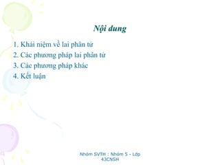 Nội dung
1. Khái niệm về lai phân tử
2. Các phương pháp lai phân tử
3. Các phương pháp khác
4. Kết luận
Nhóm SVTH : Nhóm 5 - Lớp
43CNSH
 