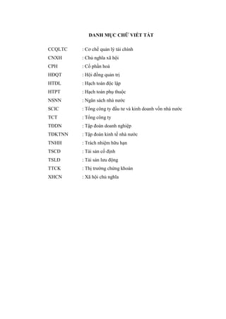 DANH MỤC CHỮ VIẾT TẮT
CCQLTC : Cơ chế quản lý tài chính
CNXH : Chủ nghĩa xã hội
CPH : Cổ phần hoá
HĐQT : Hội đồng quản trị
HTĐL : Hạch toán độc lập
HTPT : Hạch toán phụ thuộc
NSNN : Ngân sách nhà nƣớc
SCIC : Tổng công ty đầu tƣ và kinh doanh vốn nhà nƣớc
TCT : Tổng công ty
TĐDN : Tập đoàn doanh nghiệp
TĐKTNN : Tập đoàn kinh tế nhà nƣớc
TNHH : Trách nhiệm hữu hạn
TSCĐ : Tài sản cố định
TSLĐ : Tài sản lƣu động
TTCK : Thị trƣờng chứng khoán
XHCN : Xã hội chủ nghĩa
 